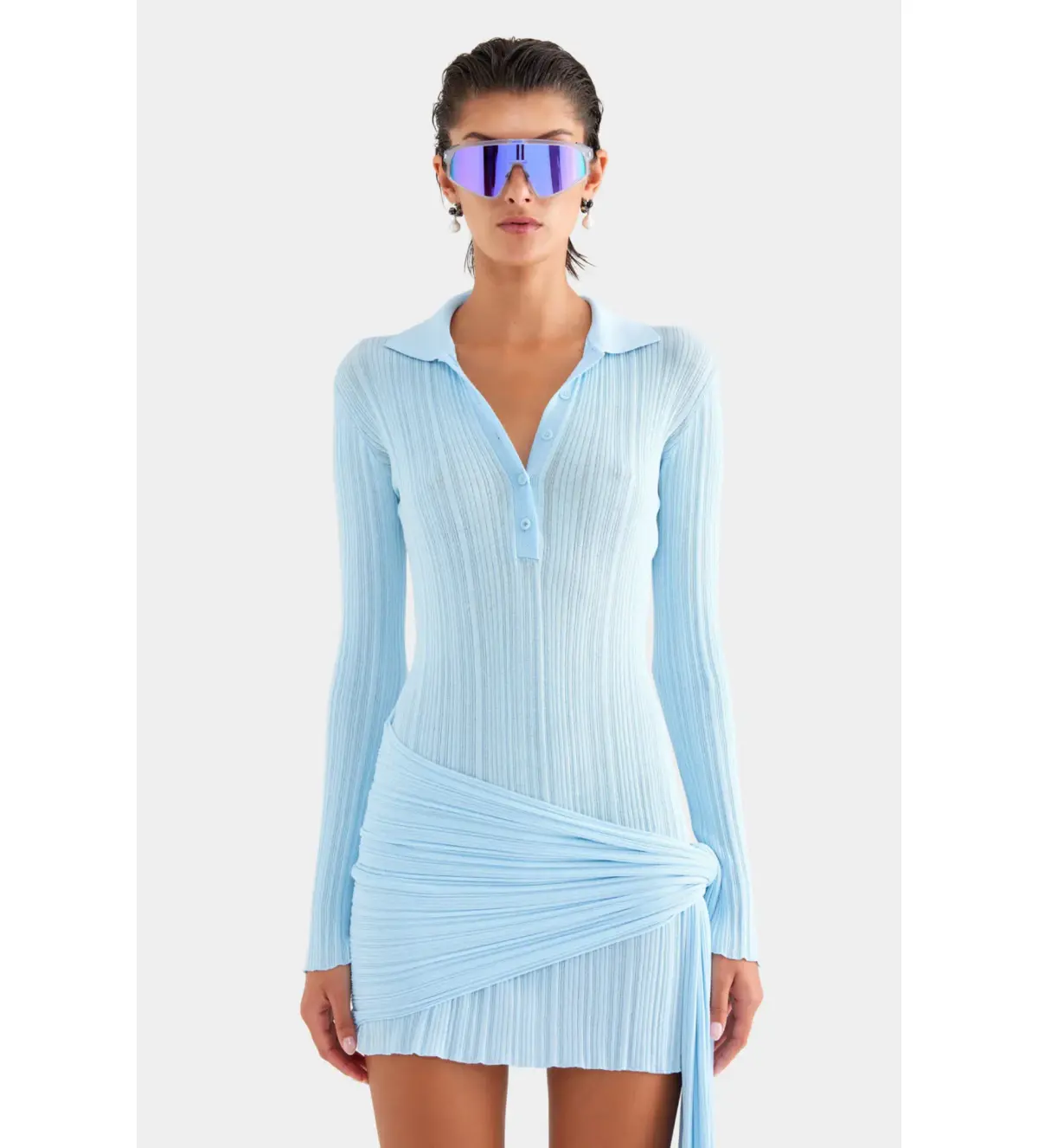 Venroy Collared Knit Mini Dress Powder Blue Size S/AU 8 - Image 2
