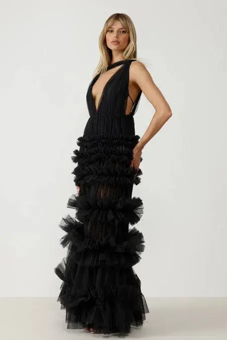 Lexi Mariella Tulle Maxi Dress Charcoal Black Small Size 8 for rent on The Volte - main image