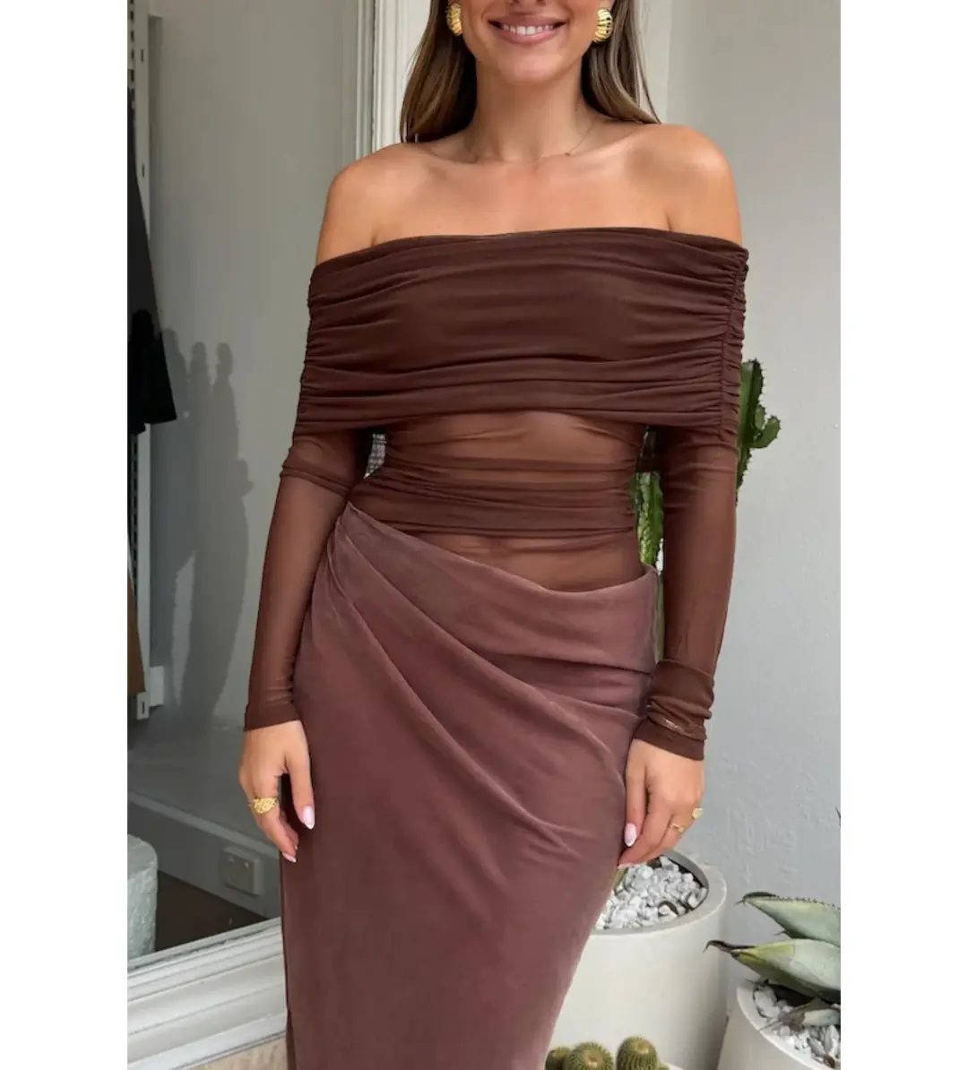 Benni Yasmin Off Shoulder Dress in Chocolate Size AU 8 for rent on The Volte - main image