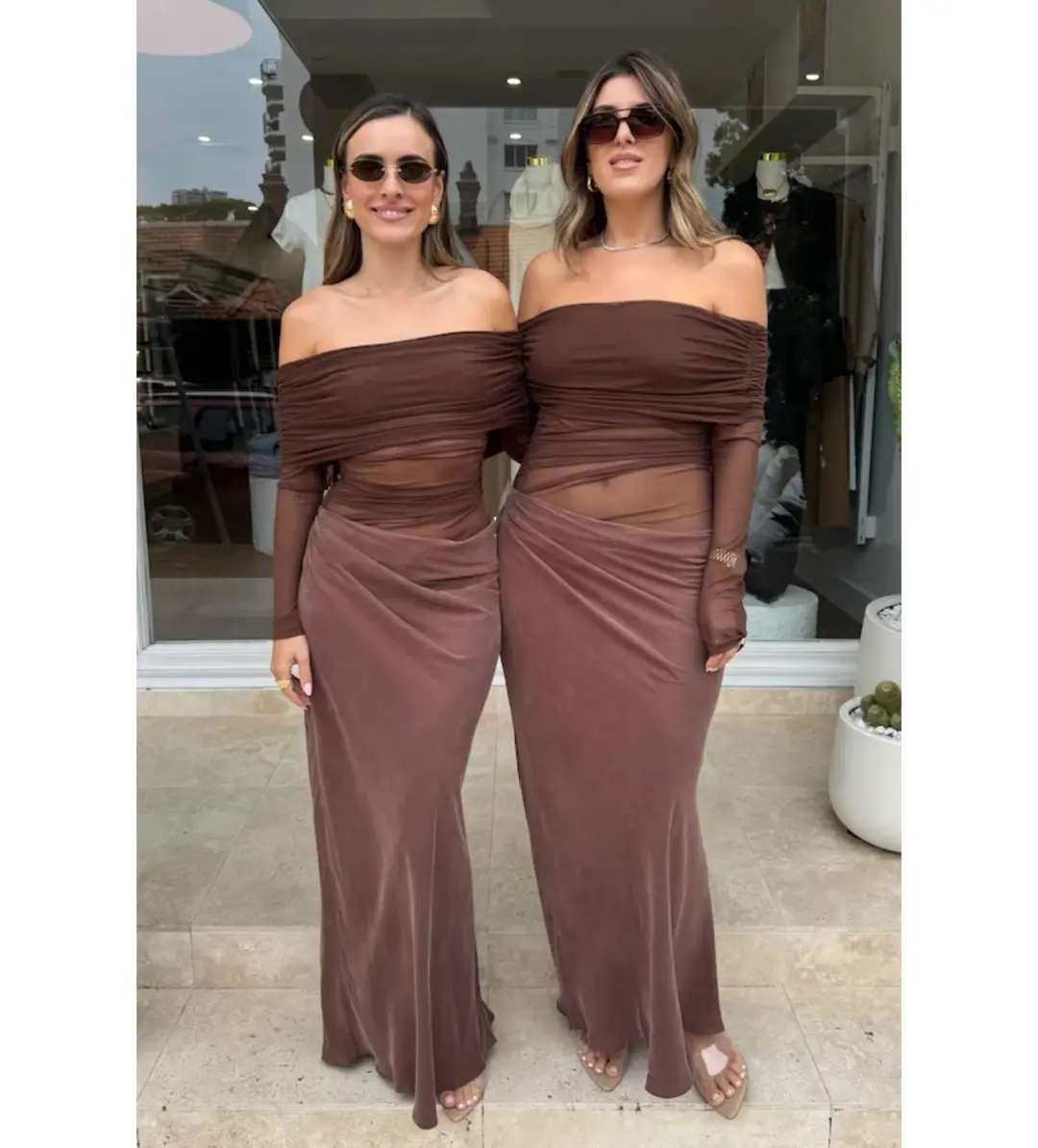 Benni Yasmin Off Shoulder Dress in Chocolate Size AU 8 for rent on The Volte - main image