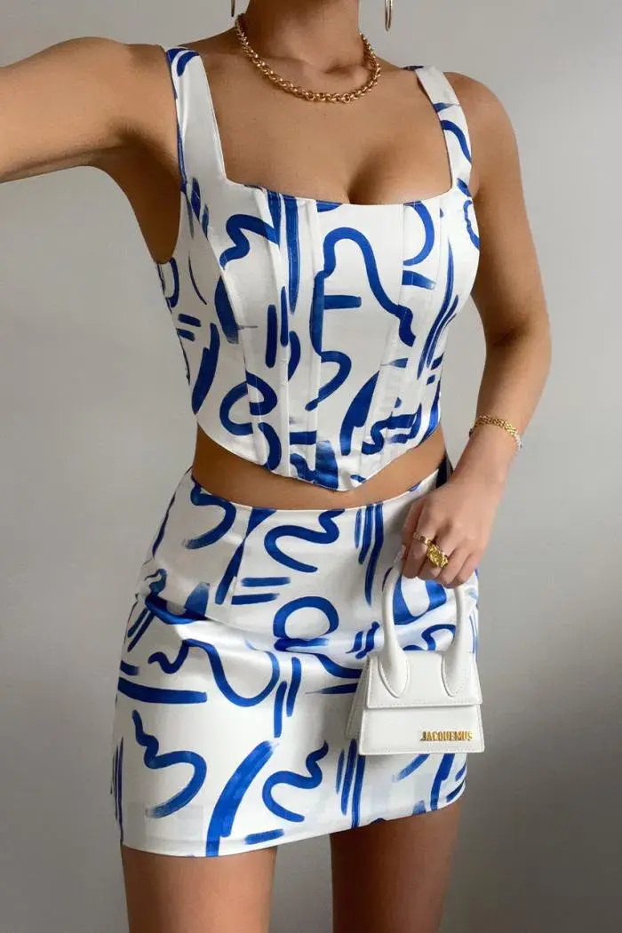 Runaway the Label Rowena Corset Top and Mini Skirt Set York Blue Size 16 for rent on The Volte - main image