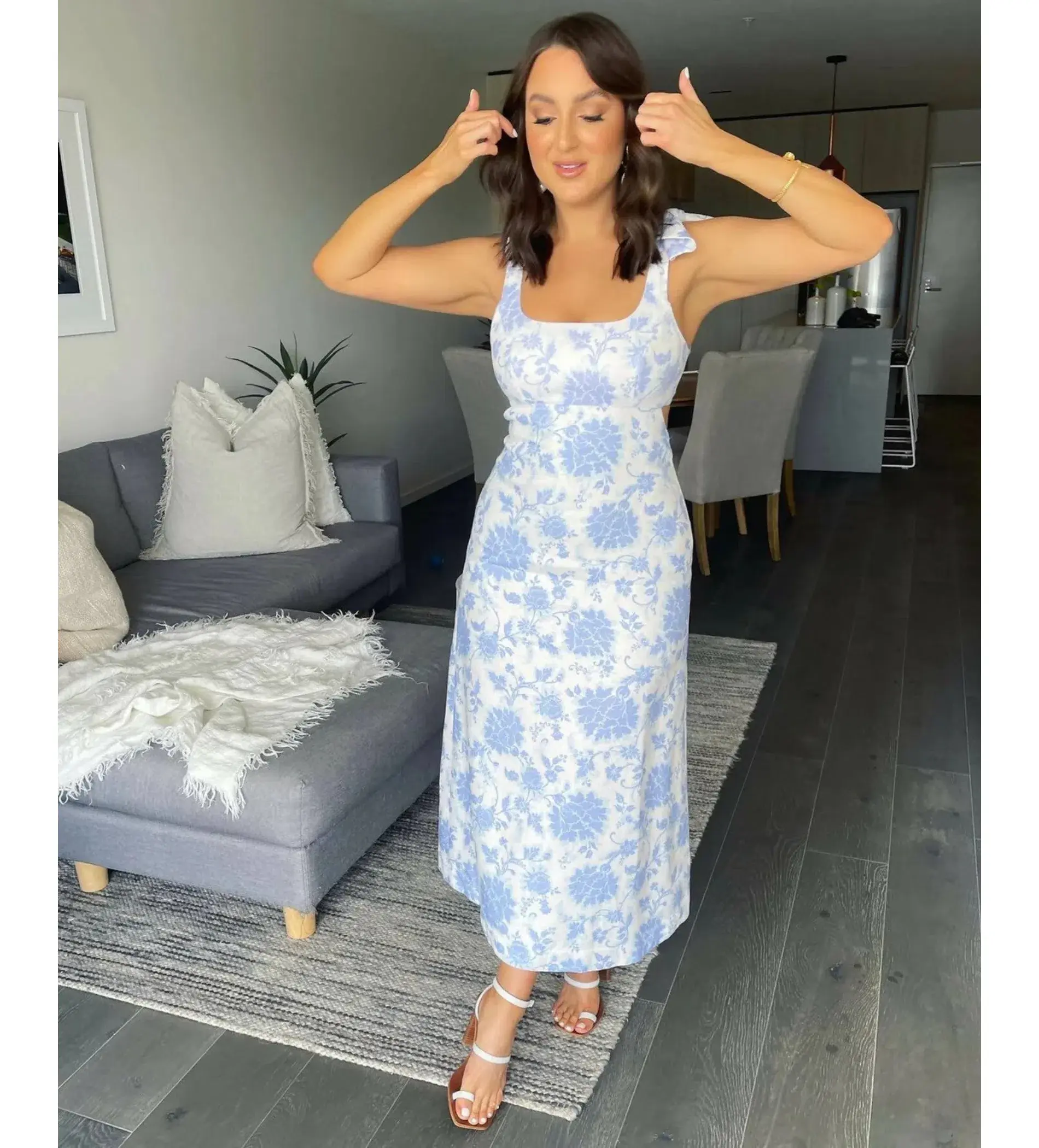 Zimmermann The Postcard Tie Shoulder Midi Dress Blue Tonal Floral Size 0 / AU 6 - Image 2