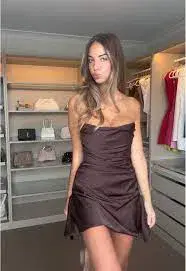 House of CB Jasmine Chocolate Satin Draped Mini Dress Brown Size AU 10 - Image 4