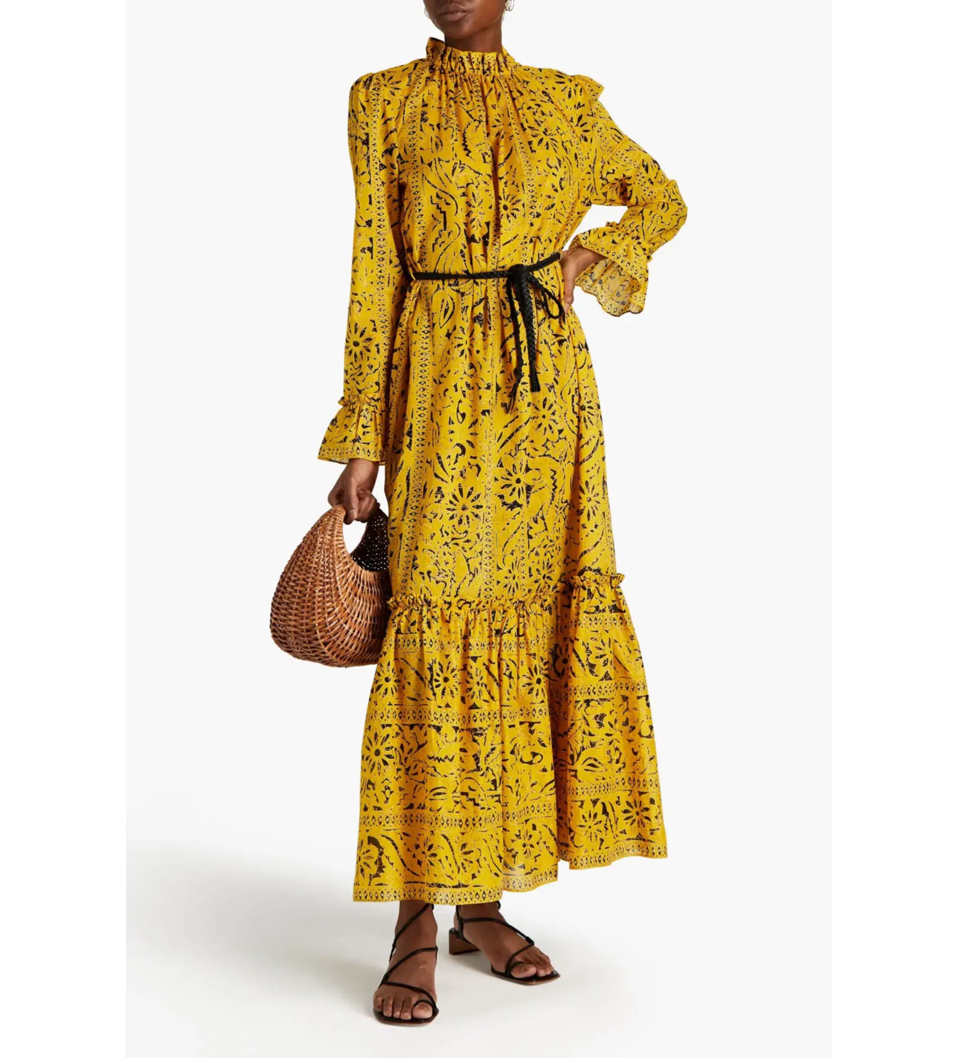 Zimmermann Lulu Belted Printed Cotton-mousseline Maxi Dress In Mustard Size 0/Au 8  - Image 1