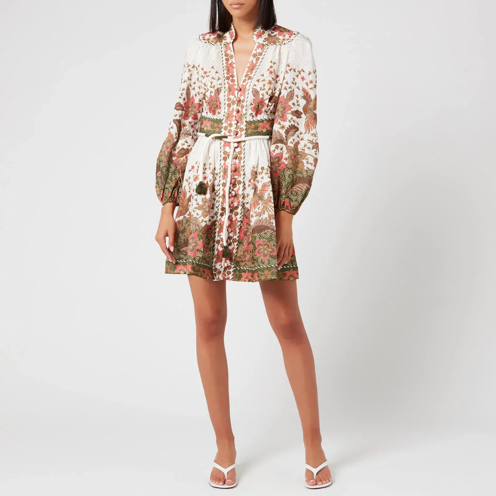 Zimmermann Empire Batik Belted Printed Linen Mini Dress Floral Khaki Batik Size 1 / AU 10  - Image 1