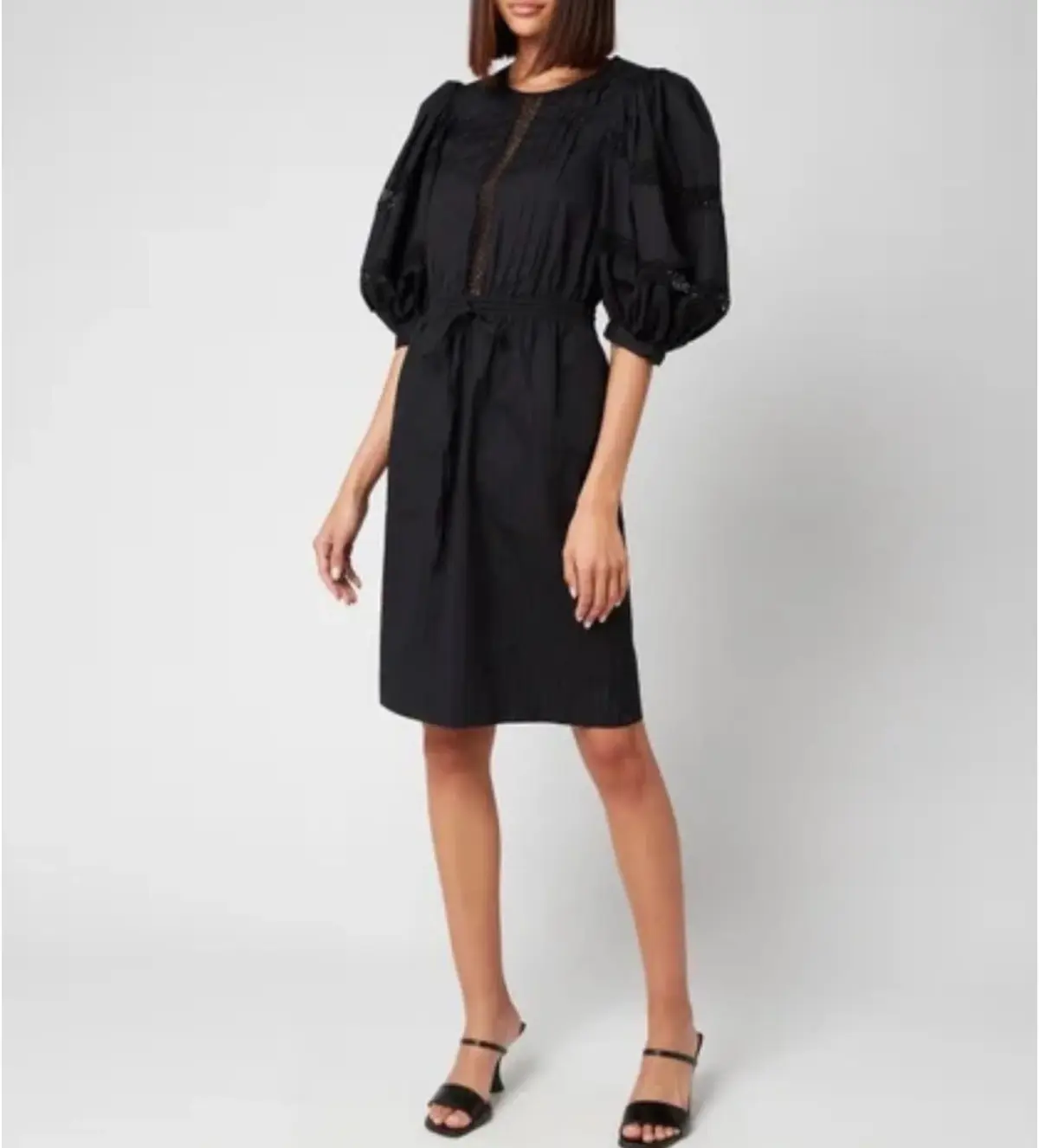 See By Chloe Cotton Poplin Puff Sleeve Knee-Length Dress Black Size AU 12 - Image 1