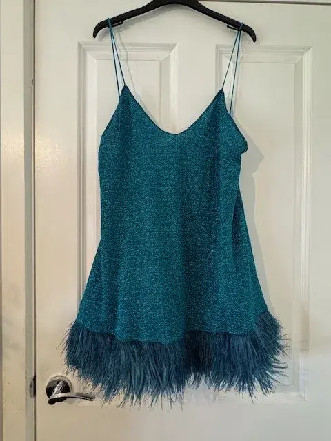 Oseree Lumiere Feather Trimmed Mini Dress Blue Size AU 10 - Image 5