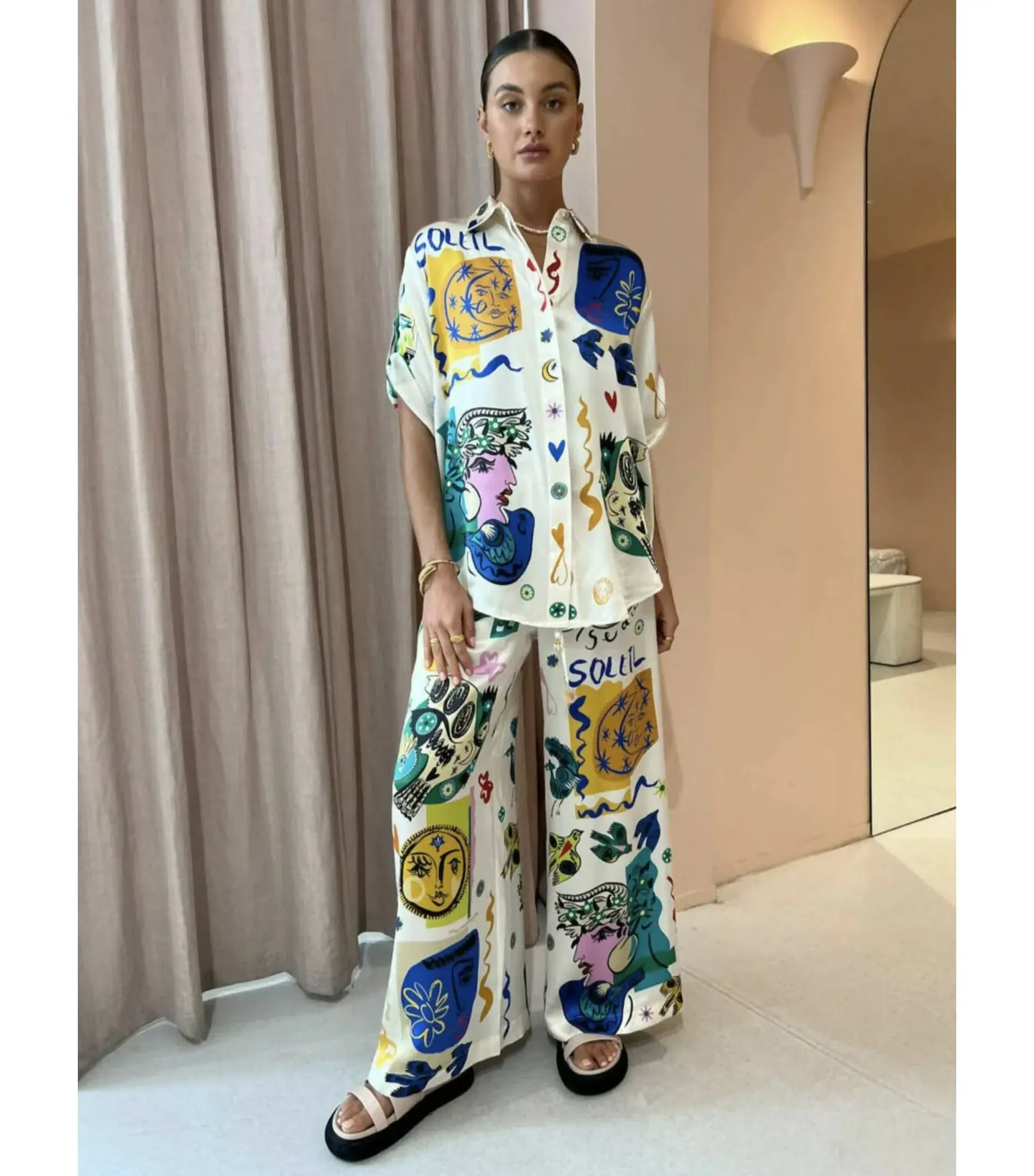Alemais Soleil Oversized Shirt and Pants Set Print Size 12/L - Image 1