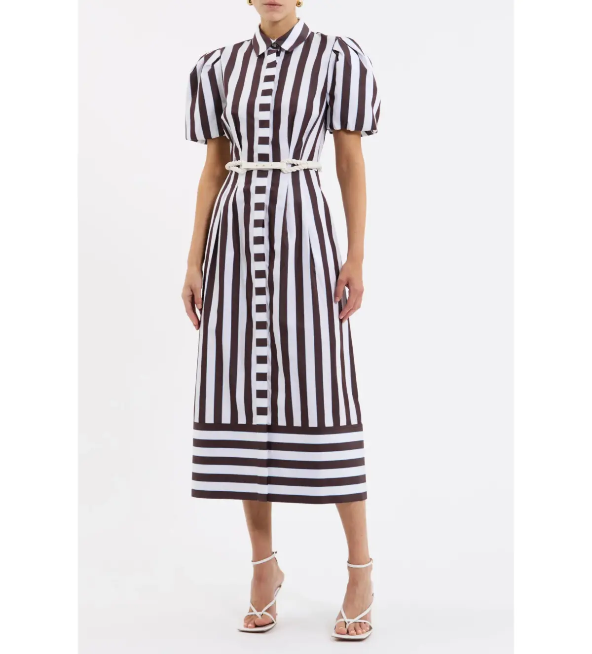 Rebecca Vallance Pippa Puff Sleeve Midi Dress Chocolate Ivory and Light Blue Stripe Print Size 18 - Image 1