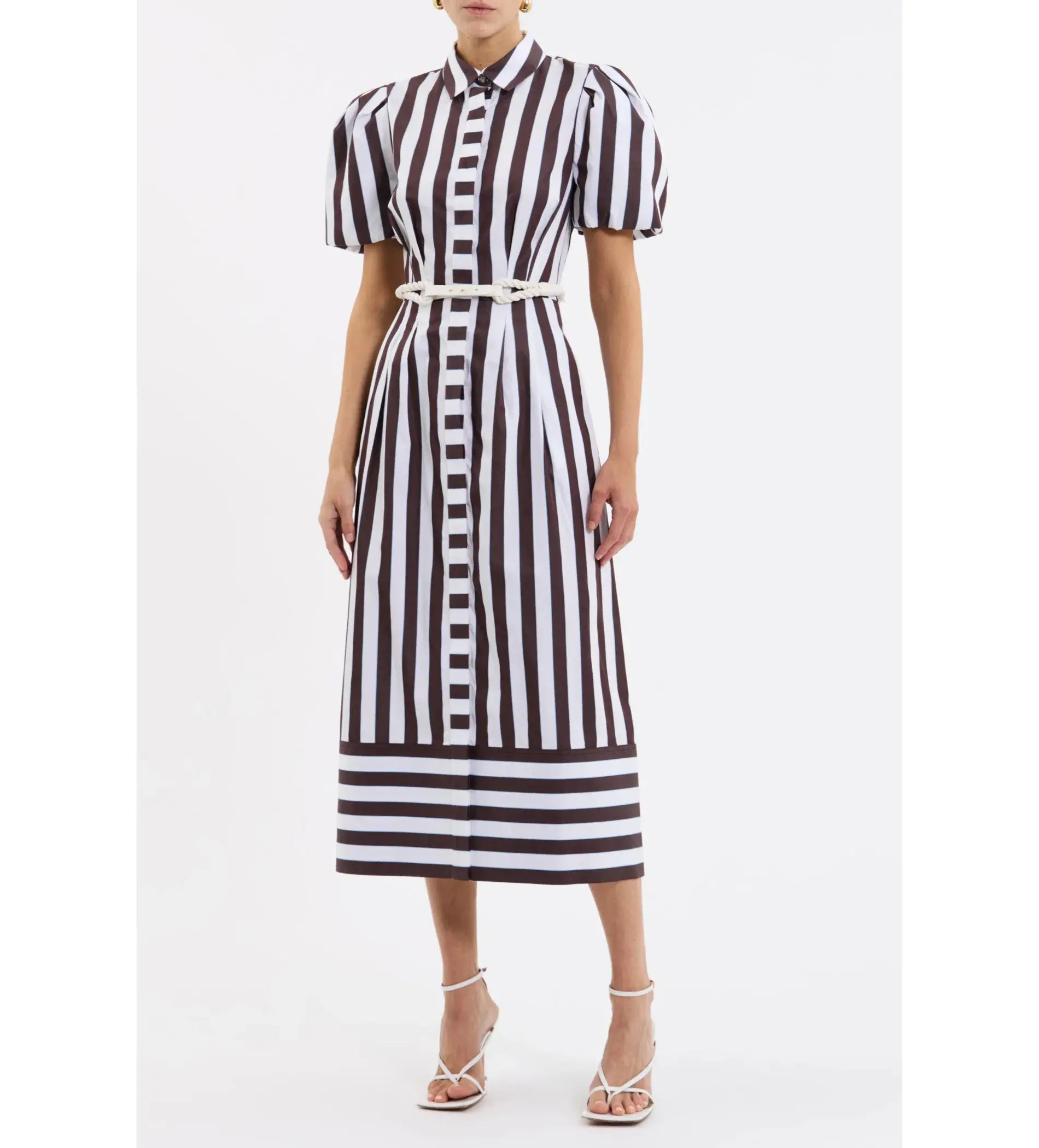 Rebecca Vallance Pippa Puff Sleeve Midi Dress Chocolate Ivory and Light Blue Stripe Print Size 18 - Image 1
