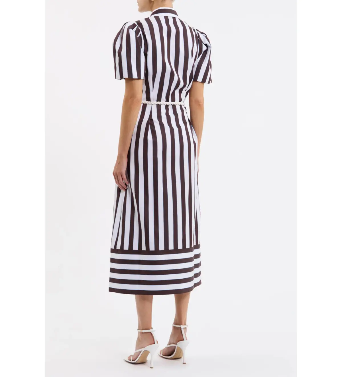 Rebecca Vallance Pippa Puff Sleeve Midi Dress Chocolate Ivory and Light Blue Stripe Print Size 18 - Image 2