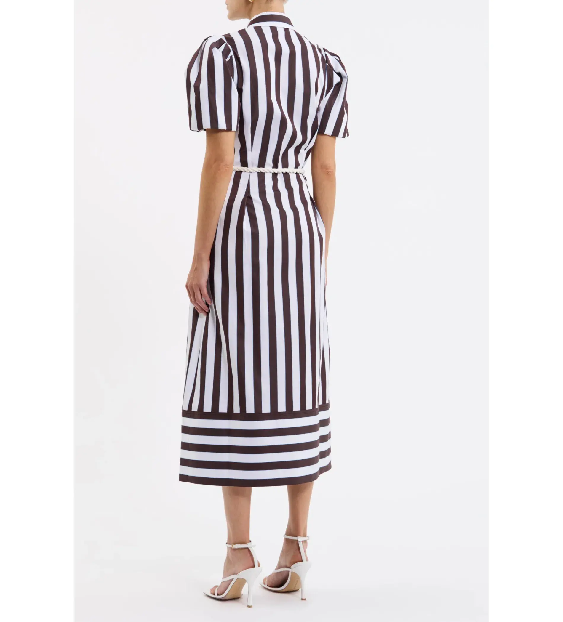 Rebecca Vallance Pippa Puff Sleeve Midi Dress Chocolate Ivory and Light Blue Stripe Print Size 18 - Image 2