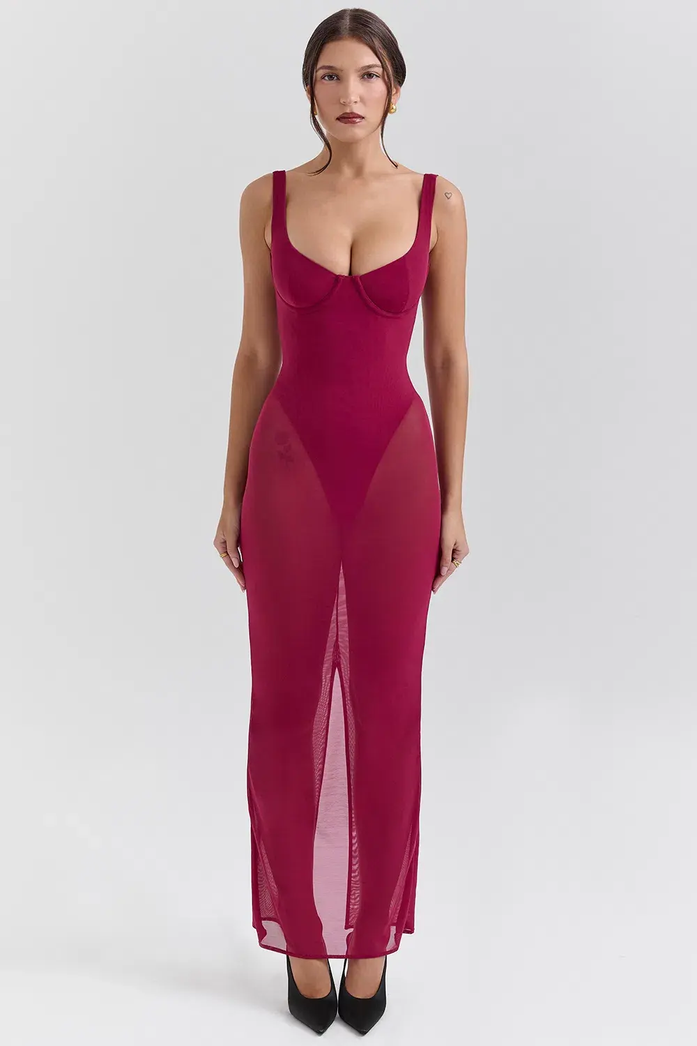 House of CB Robina Stretch Mesh Maxi Dress Wine Size S / AU 8 - Image 4