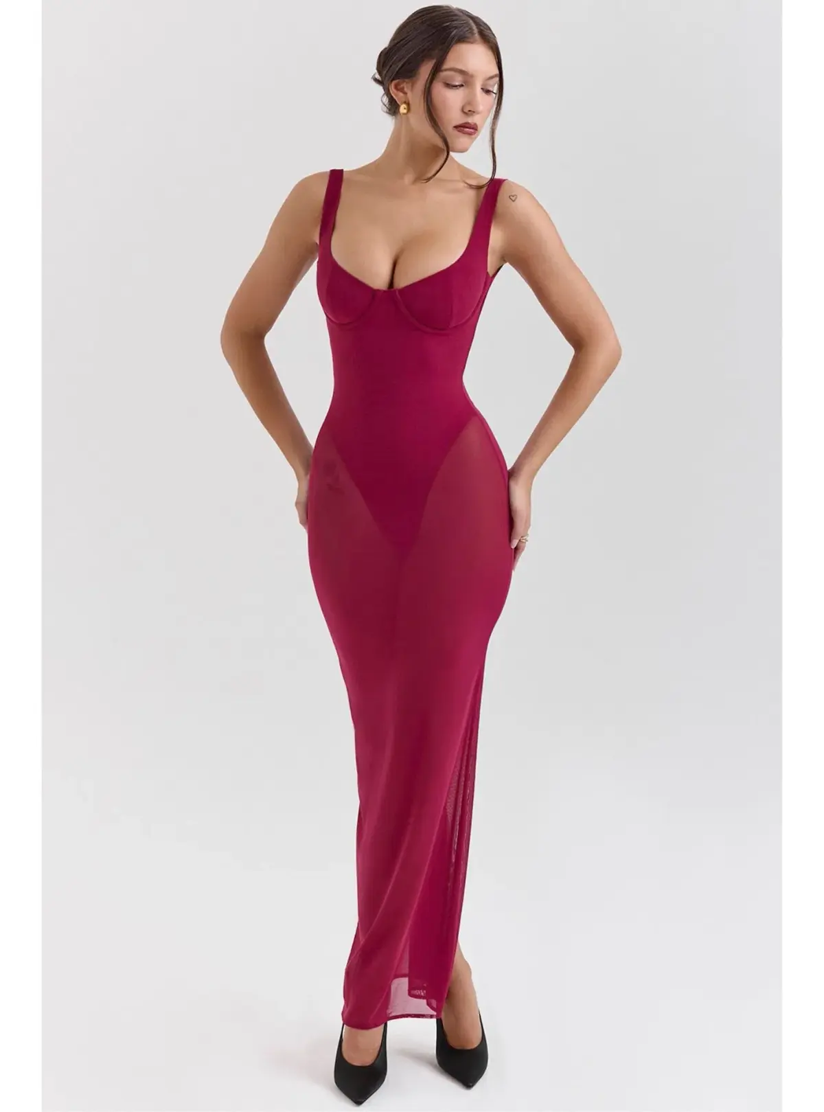 House of CB Robina Stretch Mesh Maxi Dress Wine Size S / AU 8 - Image 3