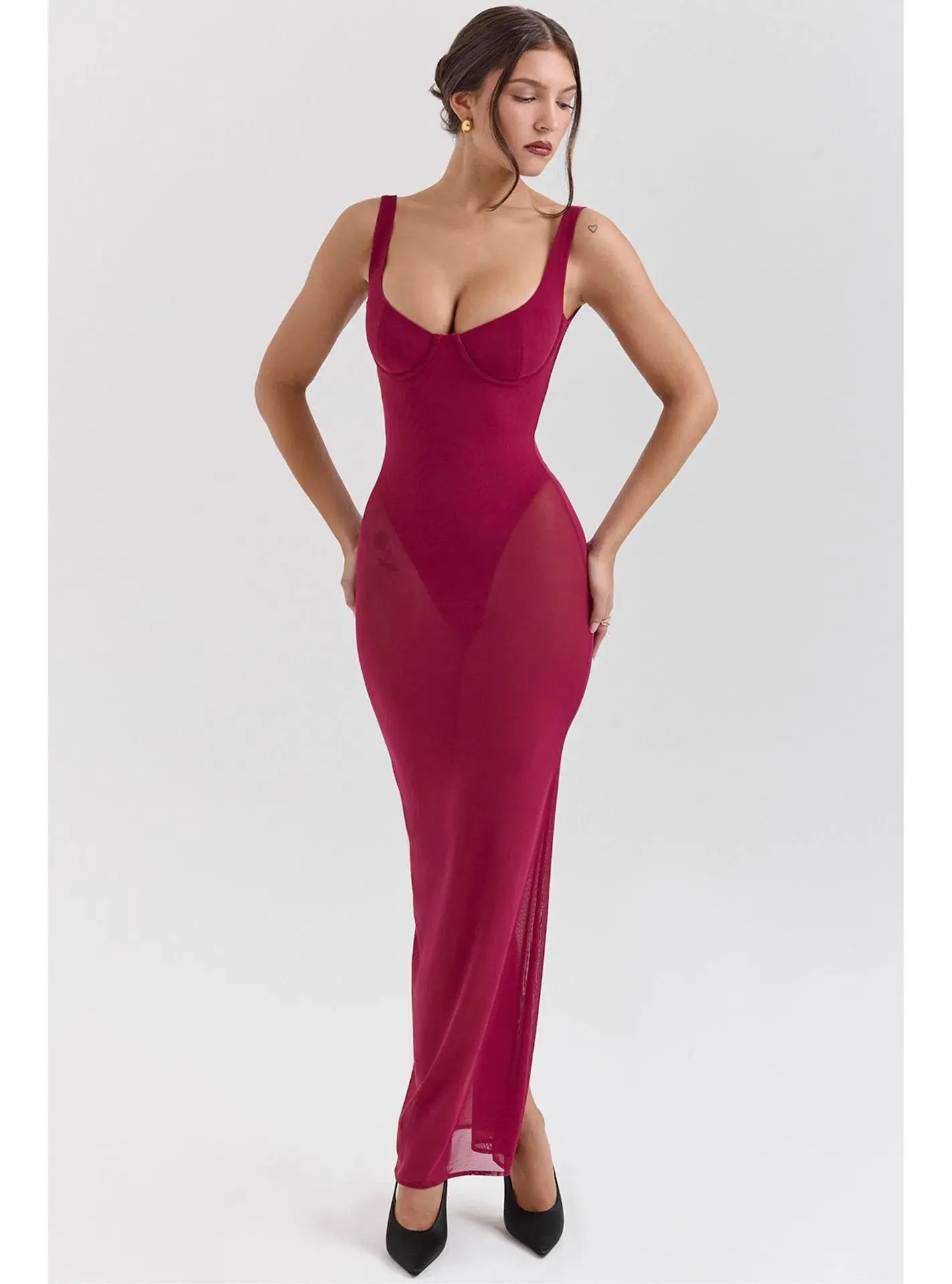 House of CB Robina Stretch Mesh Maxi Dress Wine Size S / AU 8 - Image 3