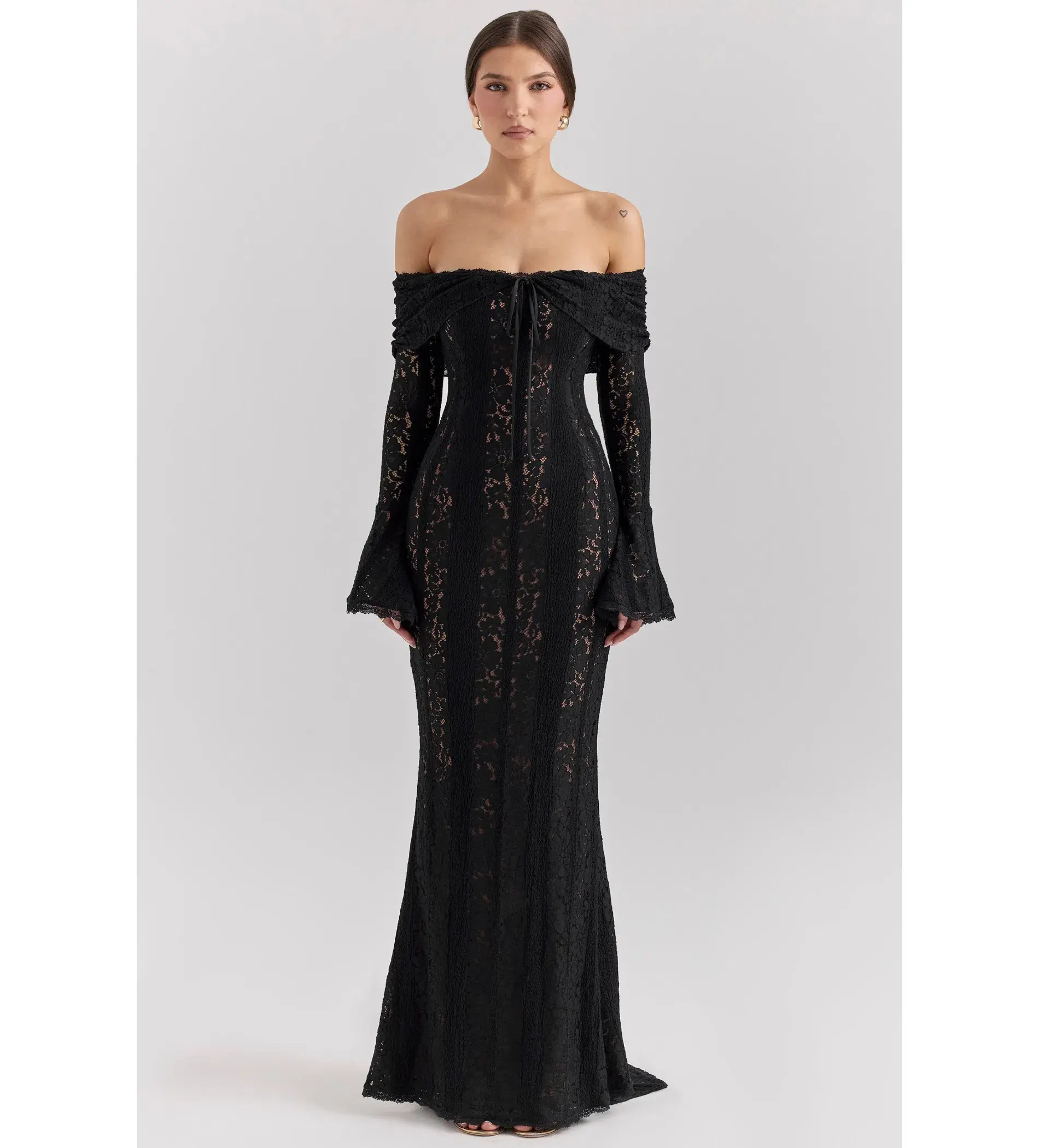 House of CB Belle Off Shoulder Floral Lace Maxi Dress Black Size AU 14 - Image 1