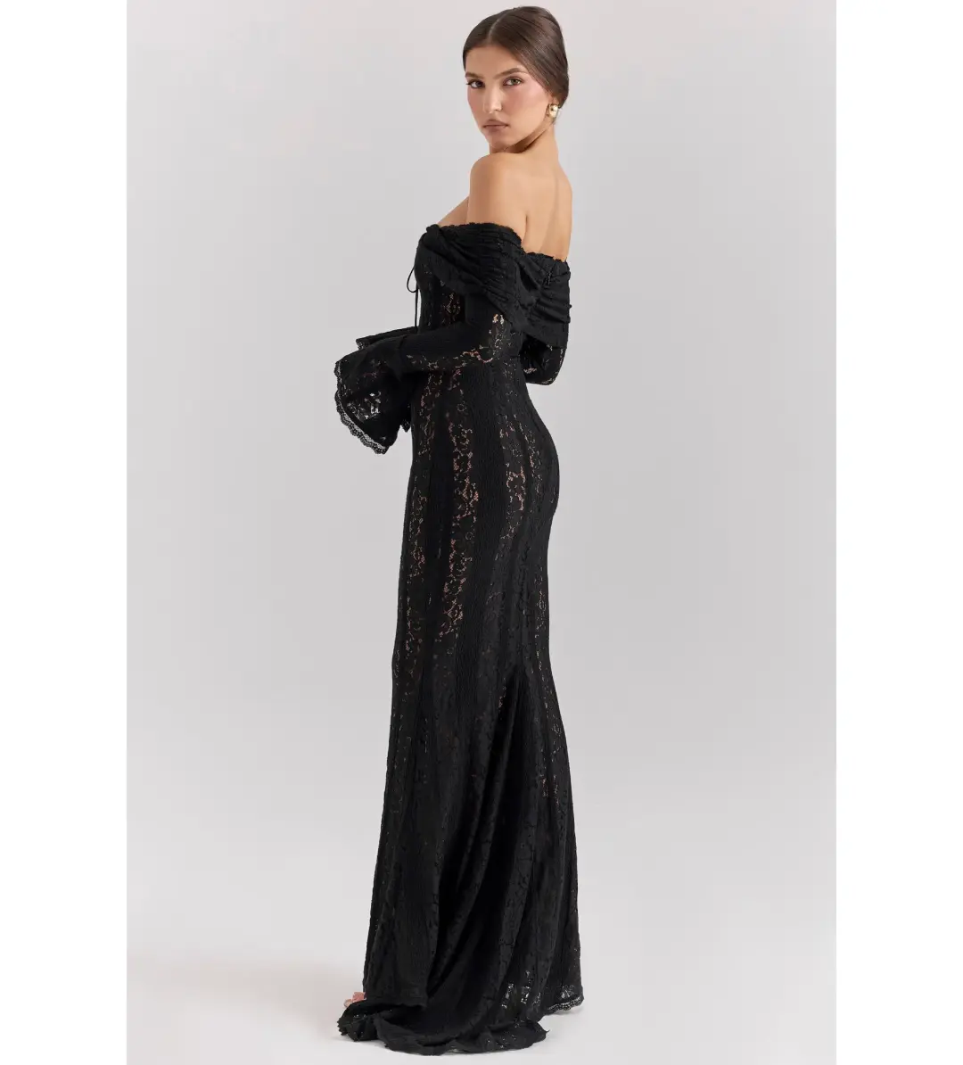 House of CB Belle Off Shoulder Floral Lace Maxi Dress Black Size AU 14 for rent on The Volte - main image