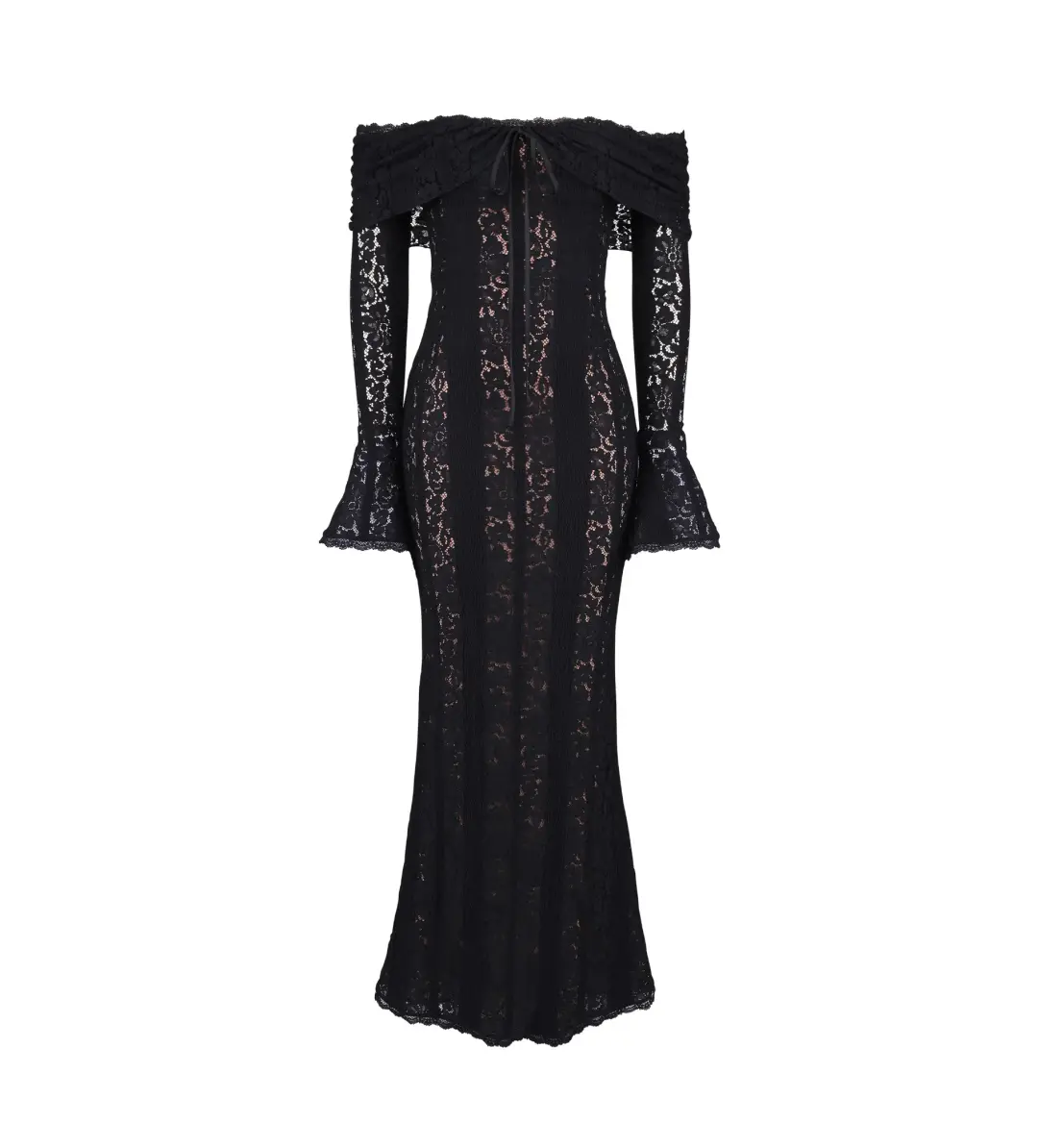 House of CB Belle Off Shoulder Floral Lace Maxi Dress Black Size AU 14 for rent on The Volte - main image