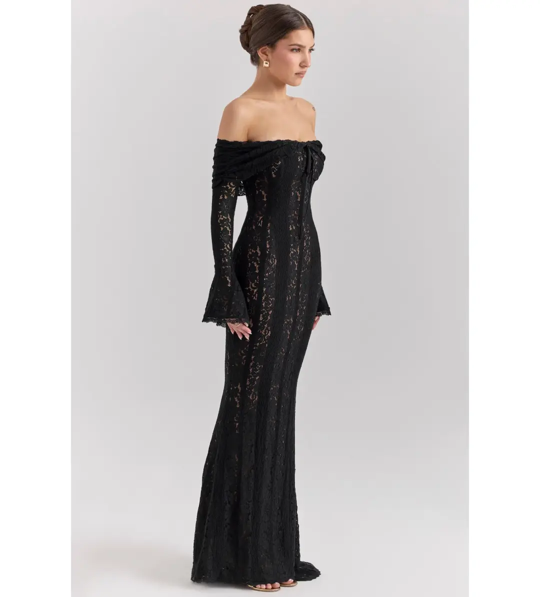 House of CB Belle Off Shoulder Floral Lace Maxi Dress Black Size AU 14 for rent on The Volte - main image