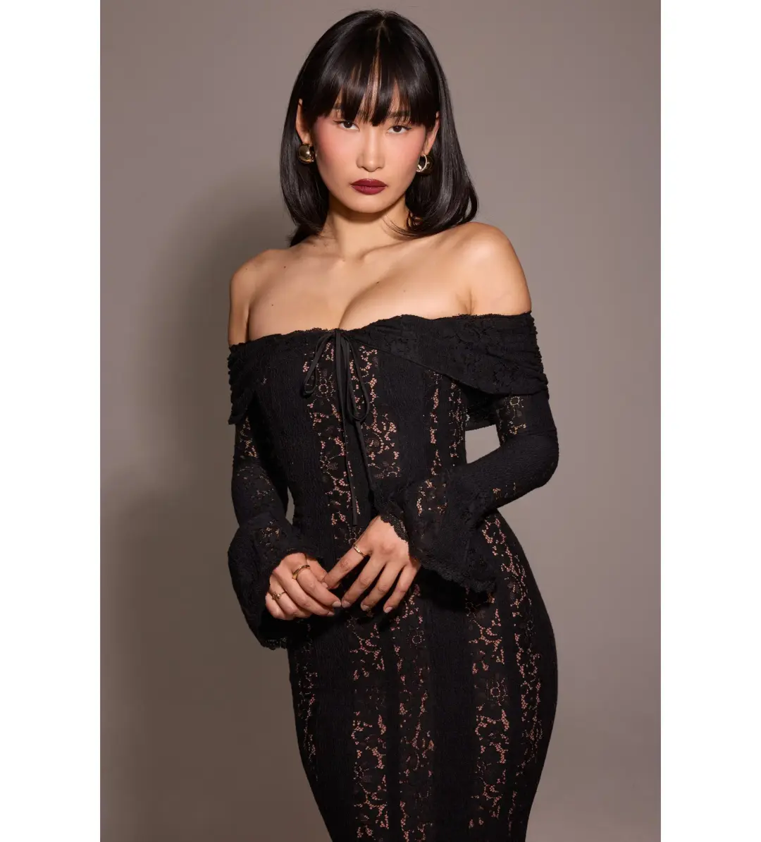 House of CB Belle Off Shoulder Floral Lace Maxi Dress Black Size AU 14 for rent on The Volte - main image