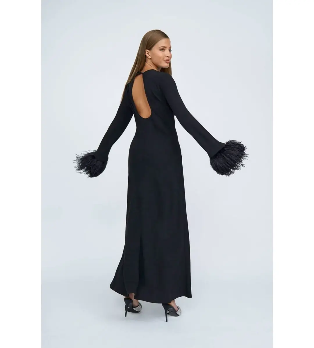 By Johnny Miranda Feather Cuff Full Length Dress Black Size 12 for rent on The Volte - main image