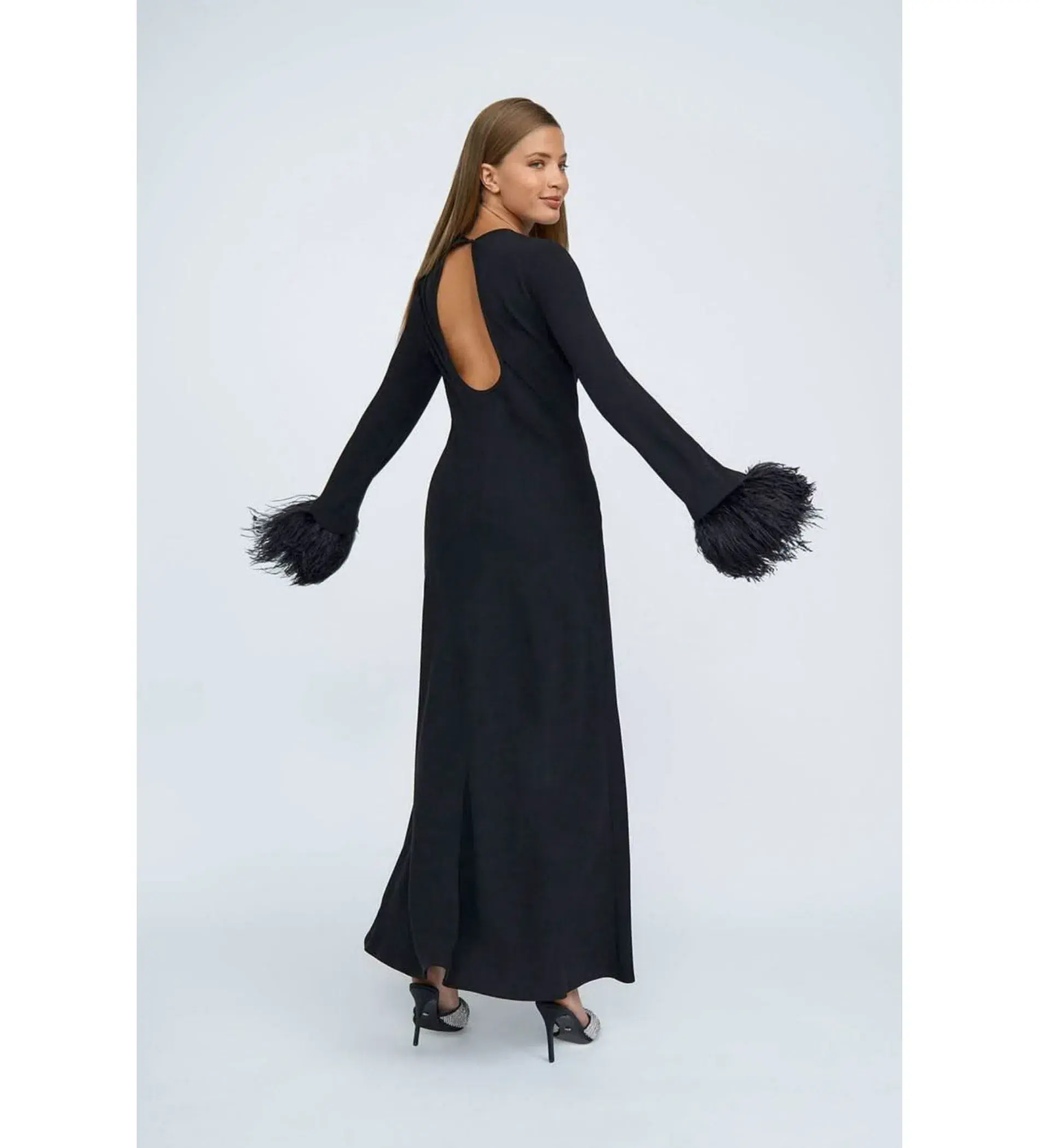 By Johnny Miranda Feather Cuff Full Length Dress Black Size 12 - Image 2