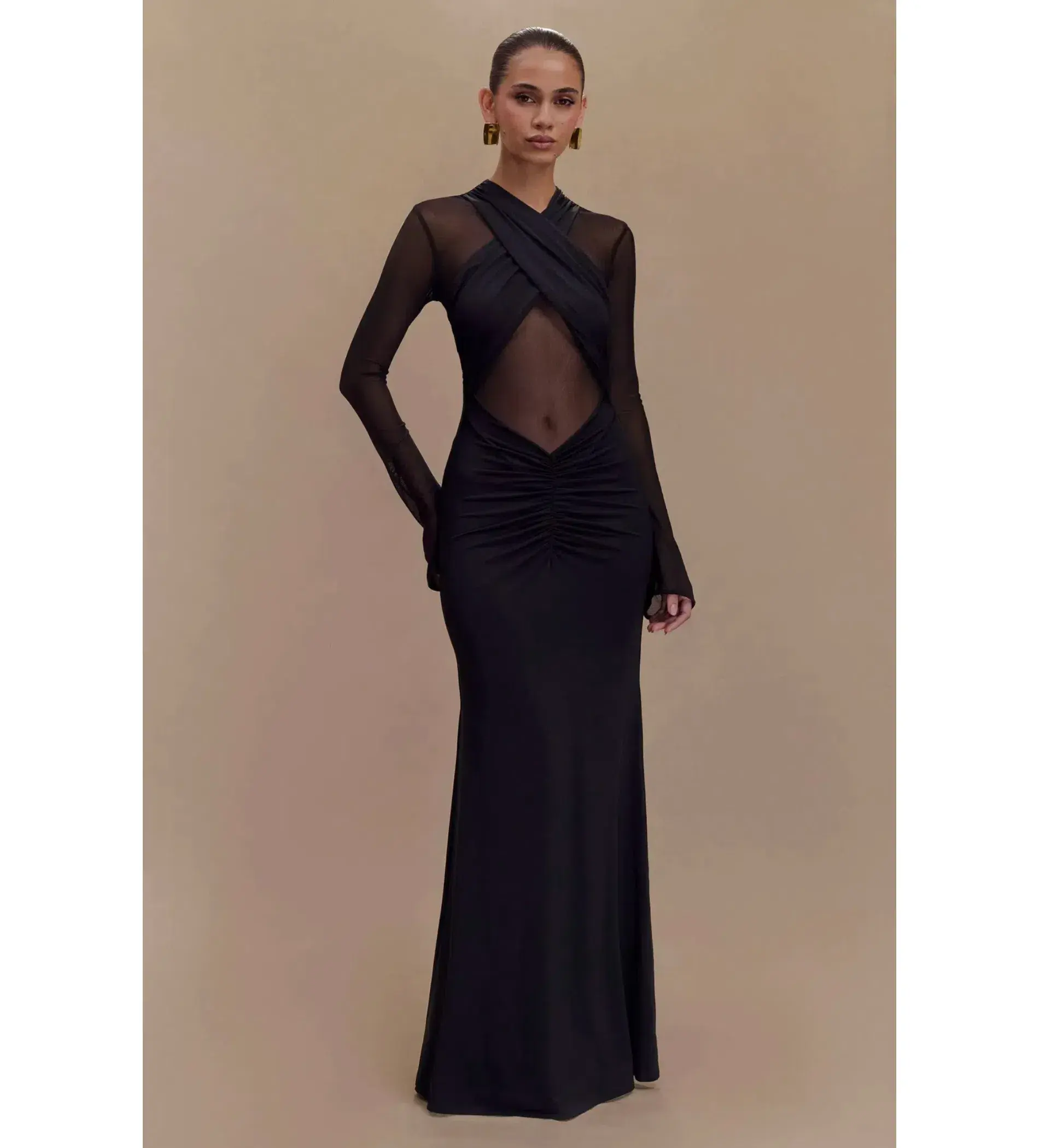 Meshki Tania Slinky and Mesh Long Sleeve Maxi Black Size S/AU 8 - Image 1