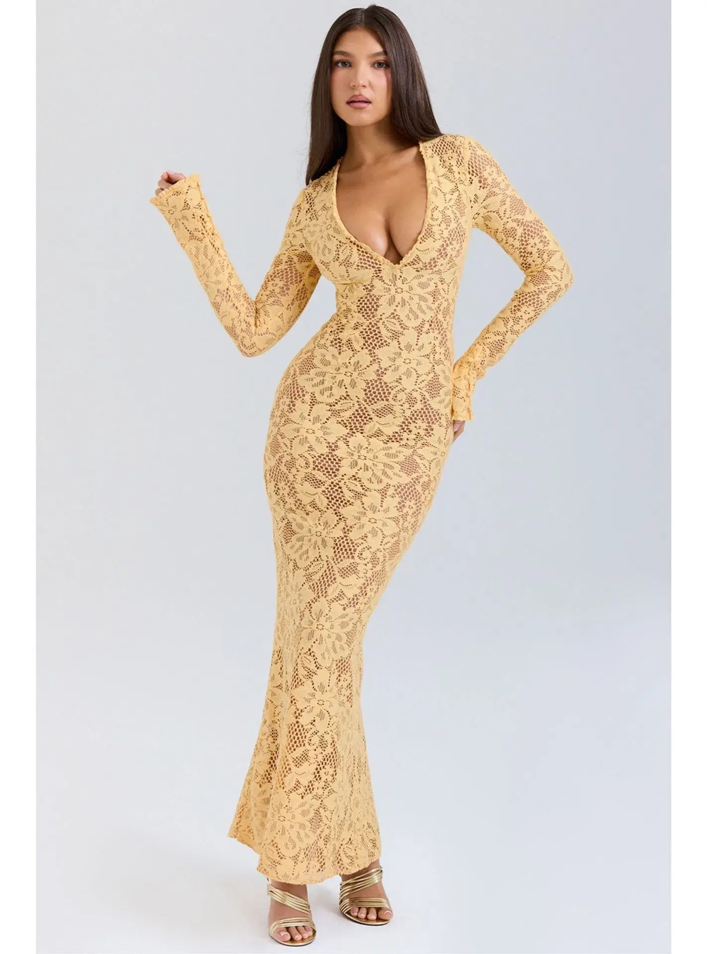 House Of CB Indiana Plunge Lace Maxi Dress Apricot Yellow Size XS / AU 6 - Image 1