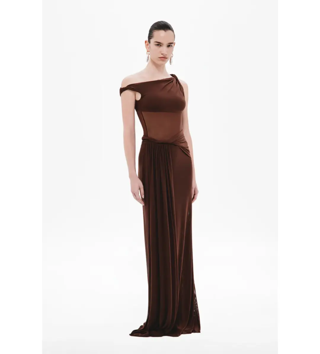 Misha Sisal Mesh Maxi Dress in Espresso Size 8 for rent on The Volte - main image