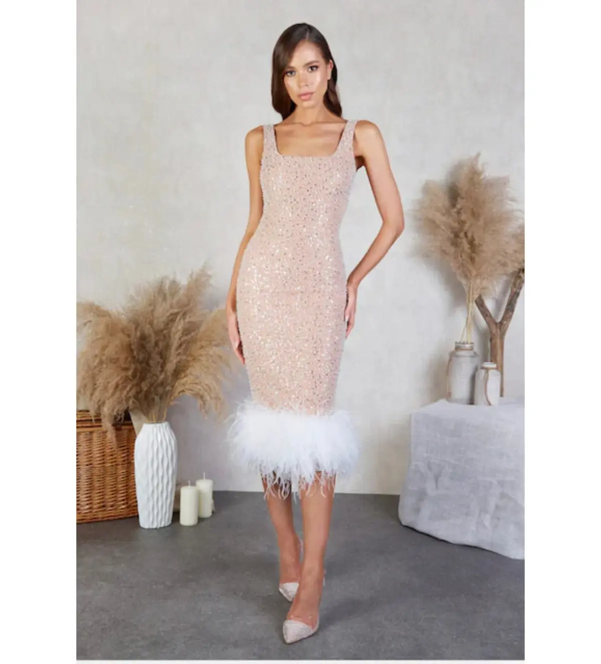 Nadine Merabi Lulu Embellished Feather Trim Midi Dress In White Size XL/AU 16 - Image 1