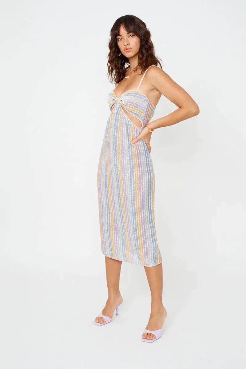 Suboo Elise Cut Out Midi Dress Lilac Stripe Metallic Size AU 8 - Image 3