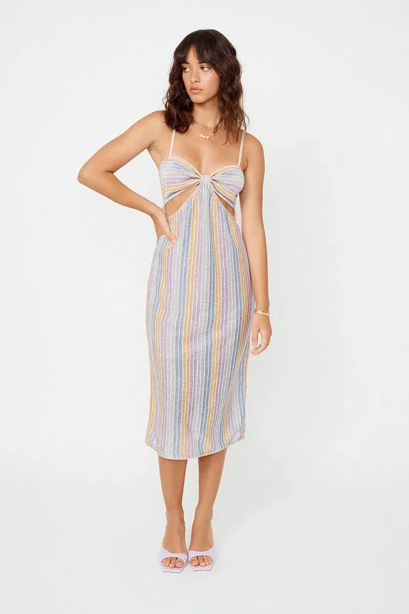 Suboo Elise Cut Out Midi Dress Lilac Stripe Metallic Size AU 8 - Image 1