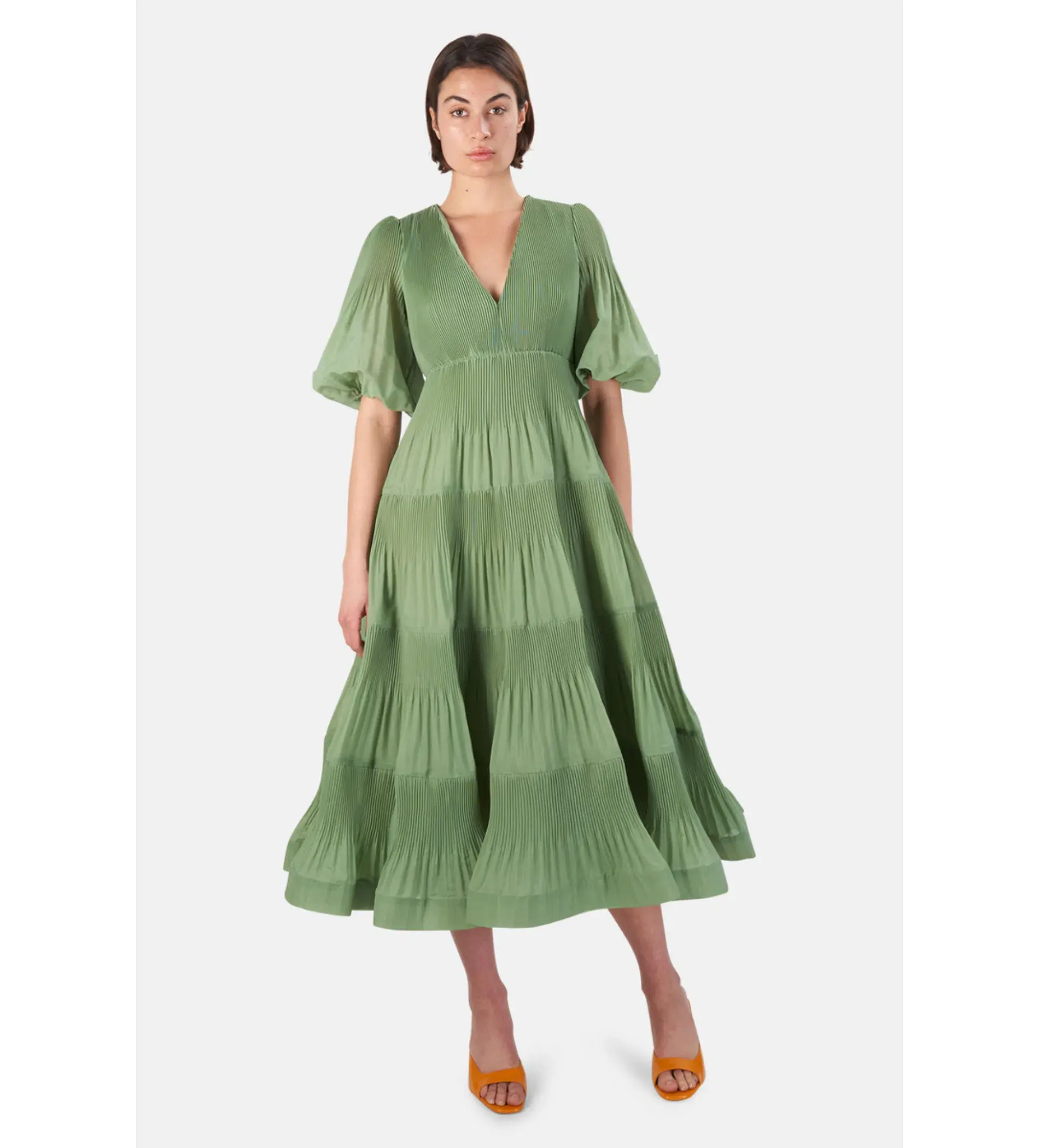 Zimmermann Pleated Balloon Sleeve Midi Plisse Dress Fern Size 0/Au 8  - Image 1