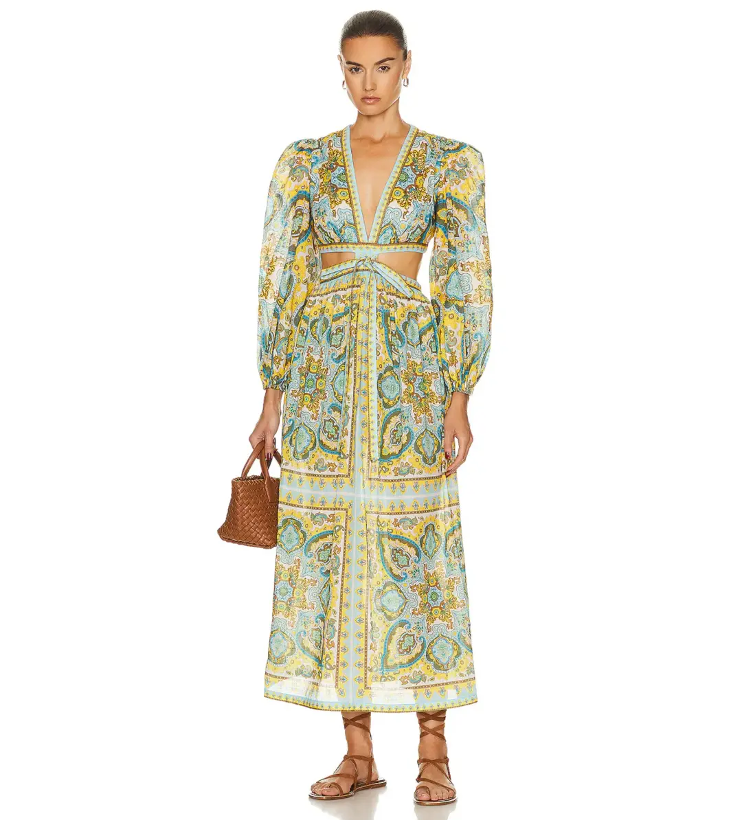 Zimmermann Halcyon Tie Front Midi Dress Blue Yellow Paisley Size  12 for rent on The Volte - main image
