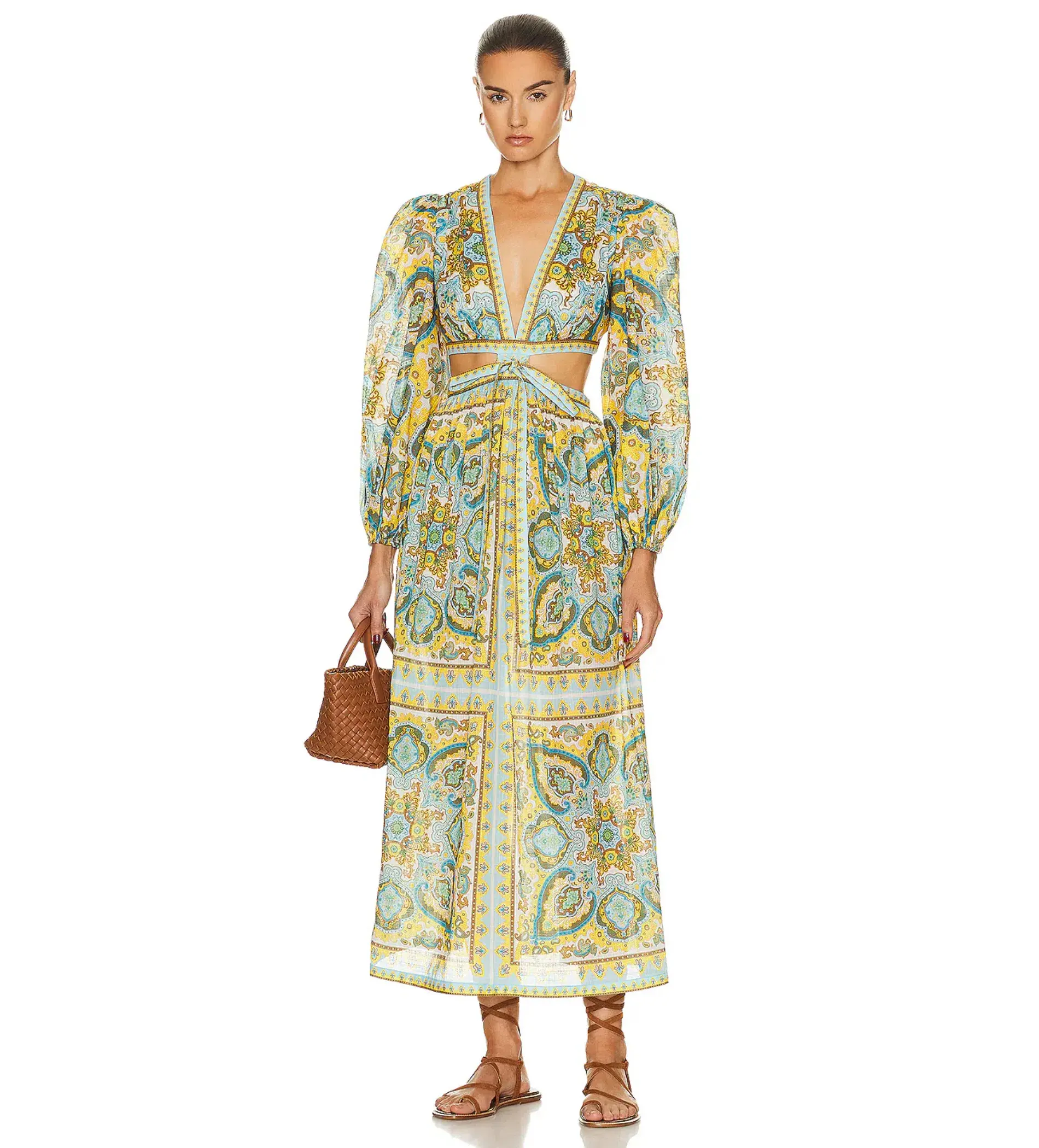 Zimmermann Halcyon Tie Front Midi Dress Blue Yellow Paisley Size  12 - Image 1