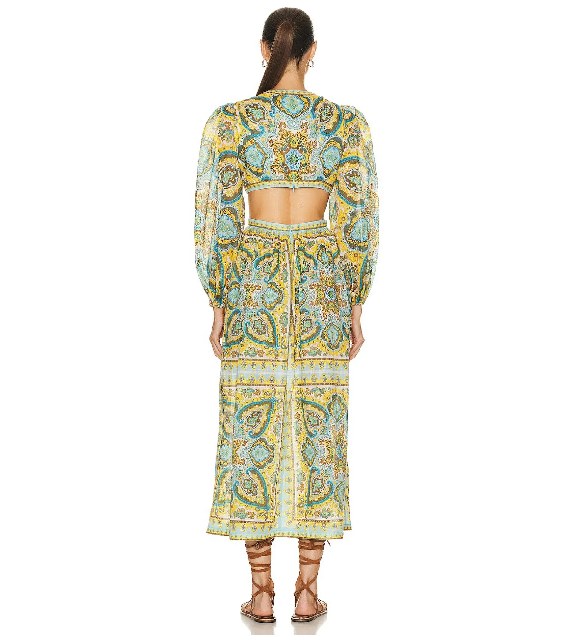 Zimmermann Halcyon Tie Front Midi Dress Blue Yellow Paisley Size  12 - Image 2