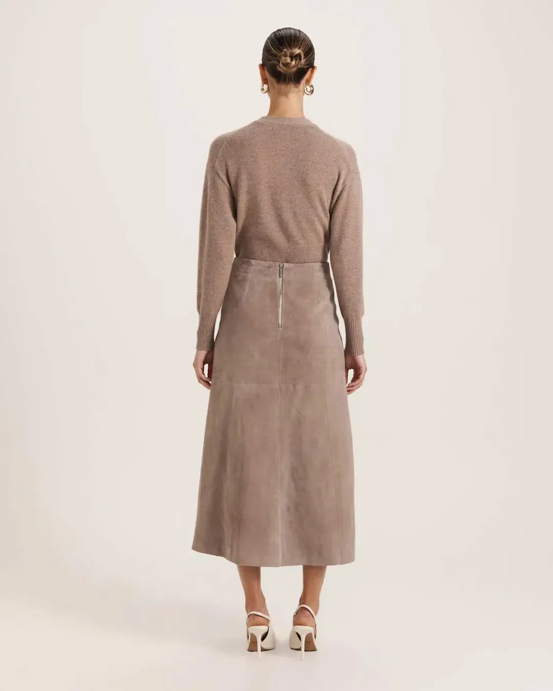 Saba Nadia Suede Leather Midi Skirt Mink Size AU 6 for rent on The Volte - main image