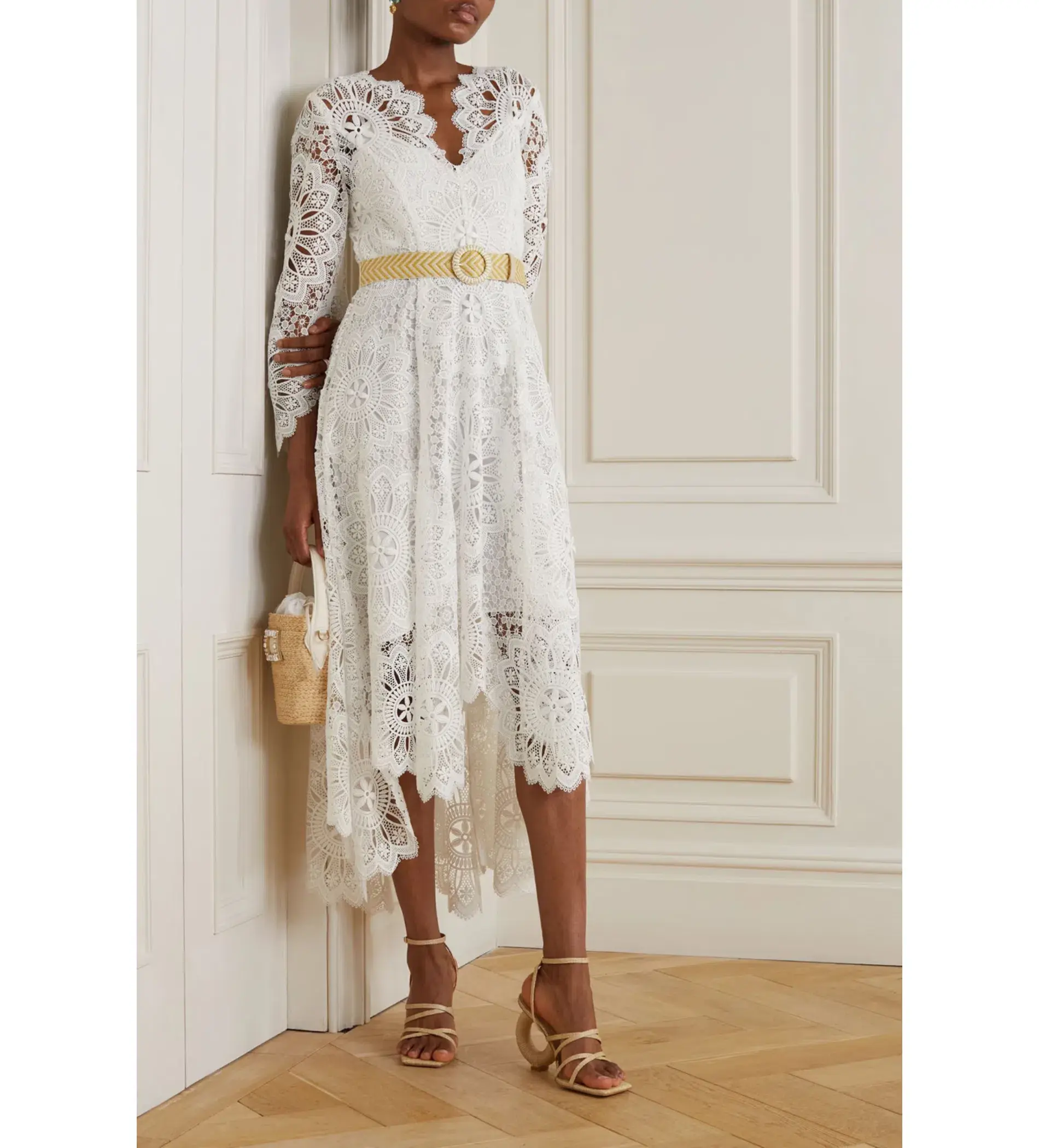 Zimmermann Chintz Doily Belted Asymmetric Guipure Lace Midi Dress White Size 2/Au 12  - Image 1