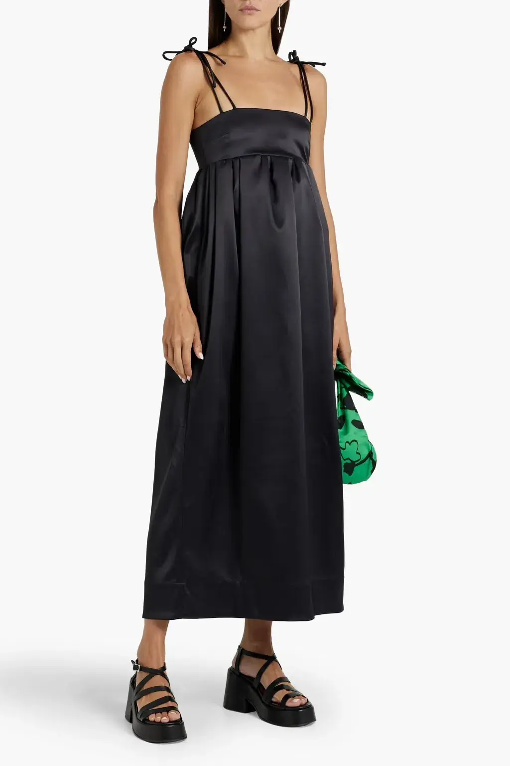 Ganni Gathered Satin Midi Dress Black Size AU 6 - Image 1