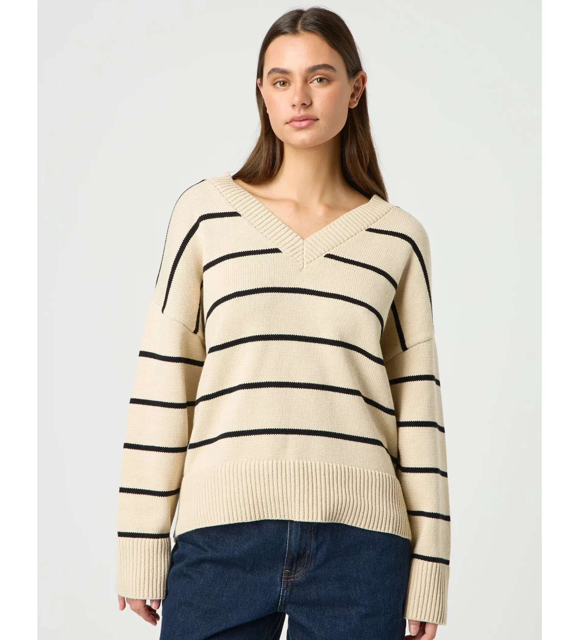 Reformation Sienna Oversized Cotton V Neck Sweater Birch with Black Stripe Size XS / AU 6 - Image 1