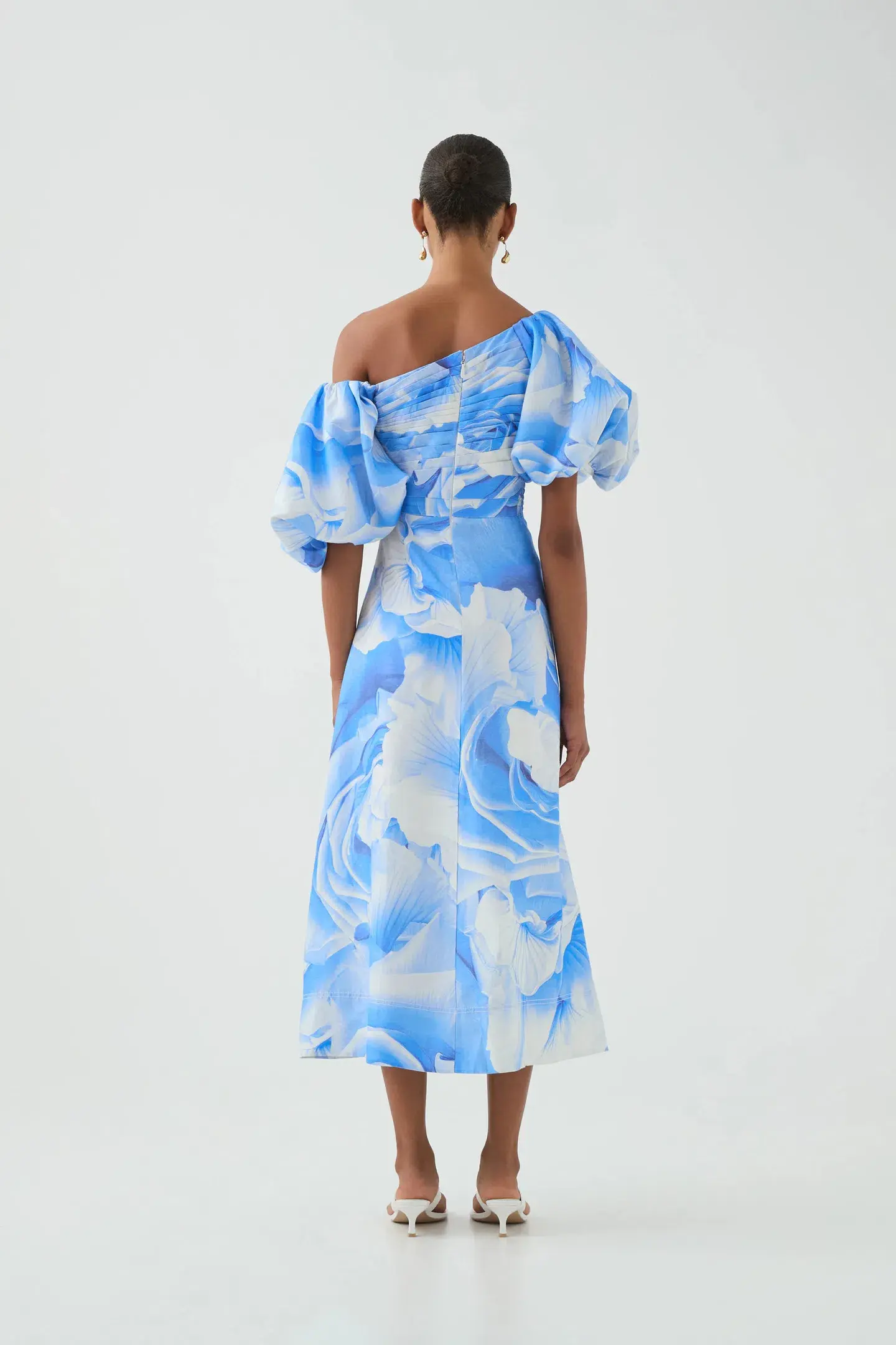 Aje Cadence Ruched Midi Dress Blue Puff Sleeve Size 14 - Image 2