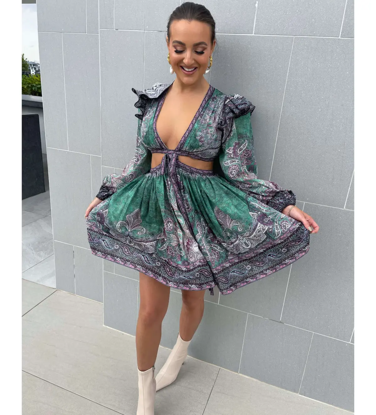 Zimmermann Anneke Ruffle Mini Dress Teal Paisley Size 0P/AU 6P - Image 2