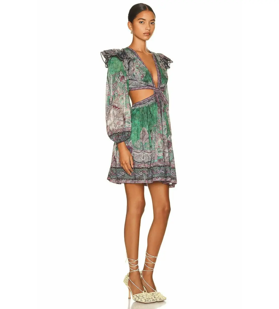 Zimmermann Anneke Ruffle Mini Dress Teal Paisley Size 0P/AU 6P for rent on The Volte - main image