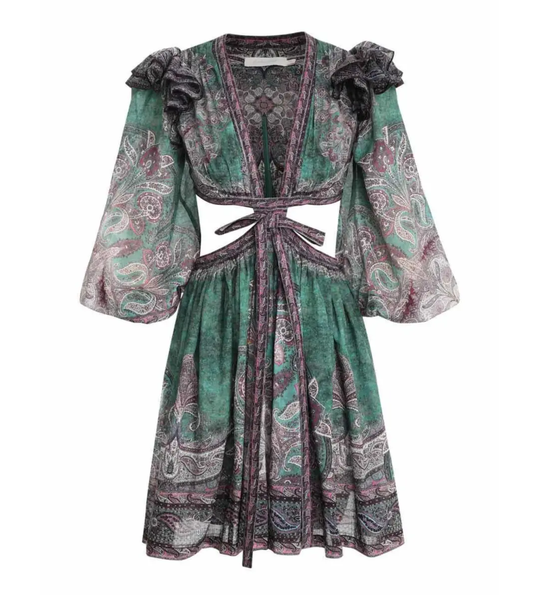 Zimmermann Anneke Ruffle Mini Dress Teal Paisley Size 0P/AU 6P for rent on The Volte - main image