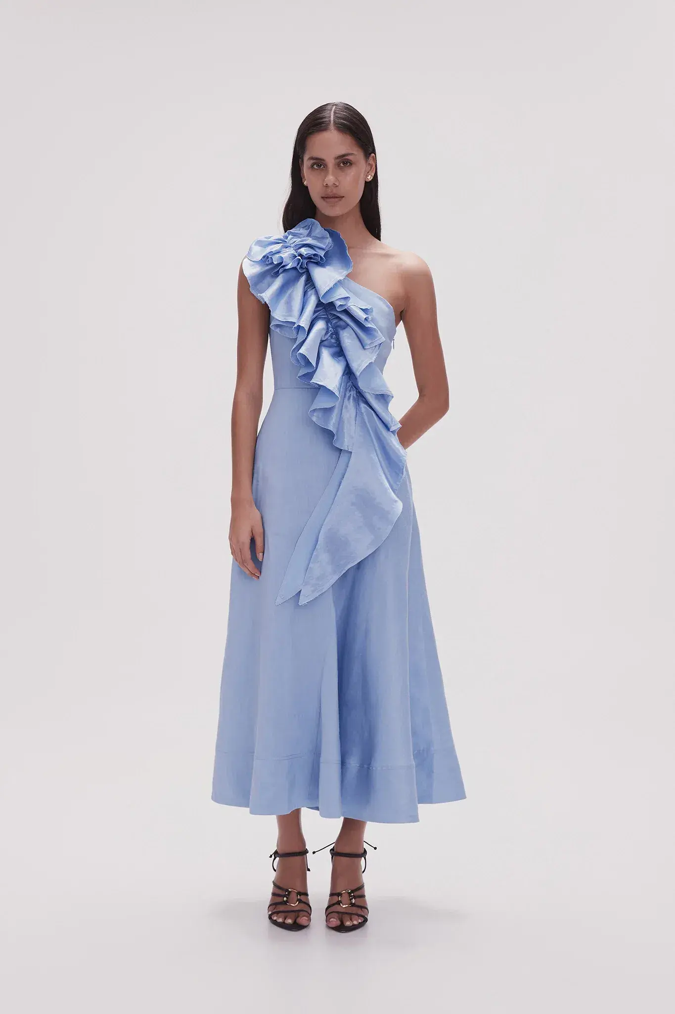 Aje Adelia Ruffle Midi Dress Light Sky Blue Size AU 16 - Image 1