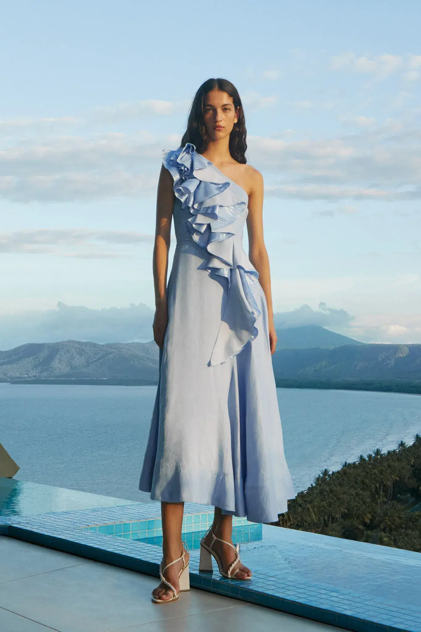 Aje Adelia Ruffle Midi Dress Light Sky Blue Size AU 16 - Image 3