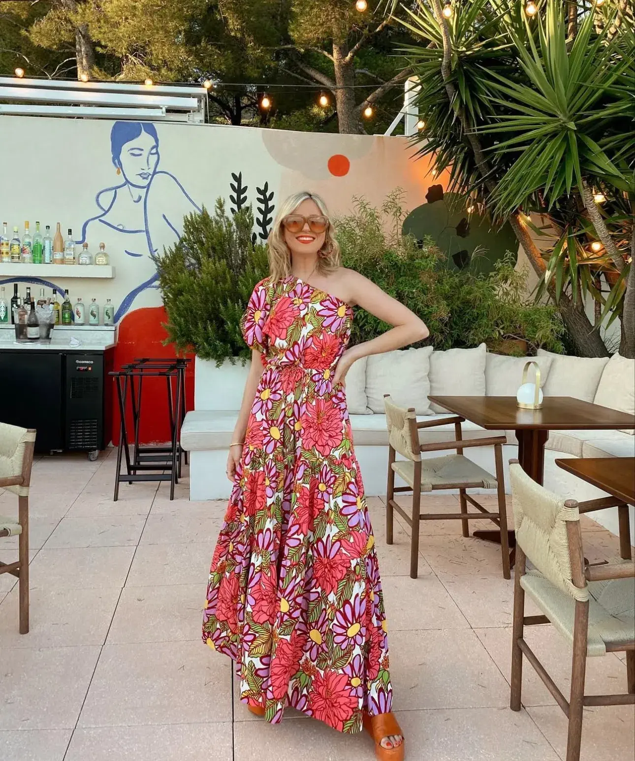 S/W/F Frida One Shoulder Puff Sleeve Maxi Dress Floral Pink Size L / Au 14 - Image 1