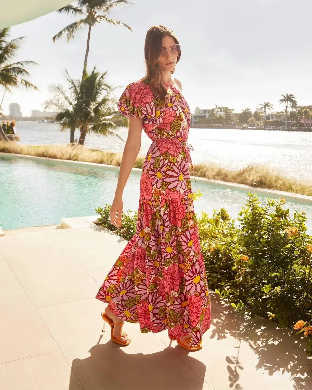 S/W/F Frida One Shoulder Puff Sleeve Maxi Dress Floral Pink Size L / Au 14 - Image 3