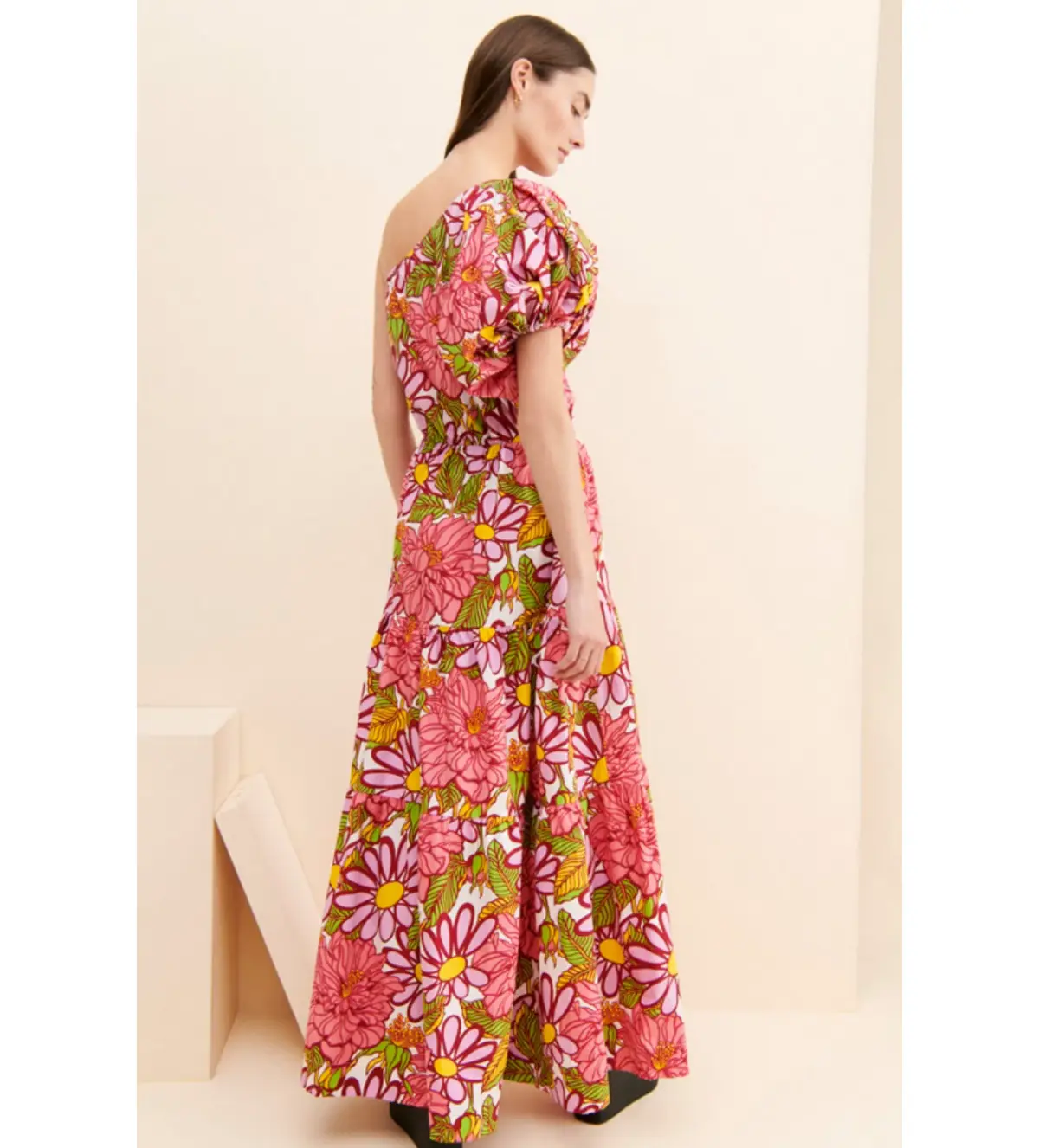 S/W/F Frida One Shoulder Puff Sleeve Maxi Dress Floral Pink Size L / Au 14 - Image 7