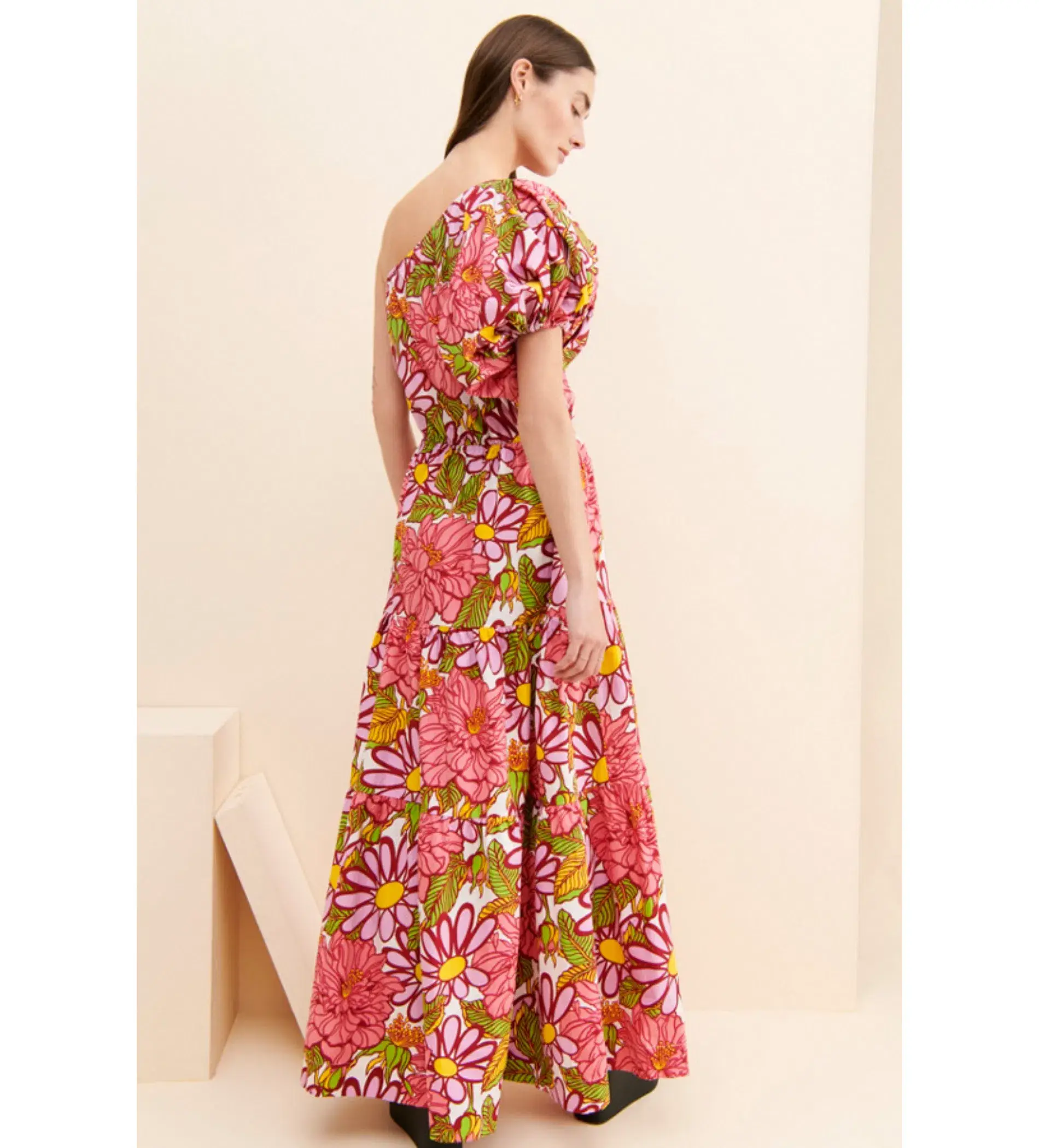 S/W/F Frida One Shoulder Puff Sleeve Maxi Dress Floral Pink Size L / Au 14 - Image 7